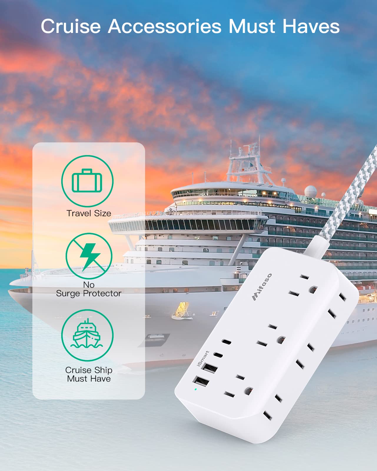 Power Strip Extension Cord - 6 Outlets and 4 USB (2 USB C), 5Ft Braided Cord with Ultra Thin Flat Plug, Wall Mount, Overload Protection, Compact for Travel, Cruise Ship, and Dorm Room Essentials