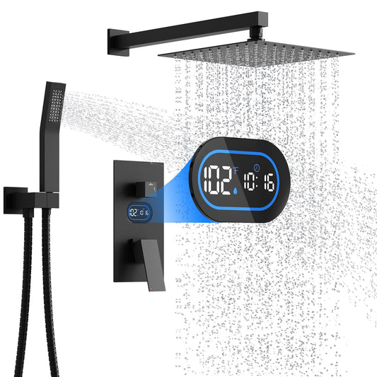 Shower Faucet Set with Hydro Power Temperature Display, Shower System Bathroom 10 Inches Shower Head with Handheld Spray, Wall Mounted Shower Fixtures with Shower Valve and Trim Kit, Matte Black