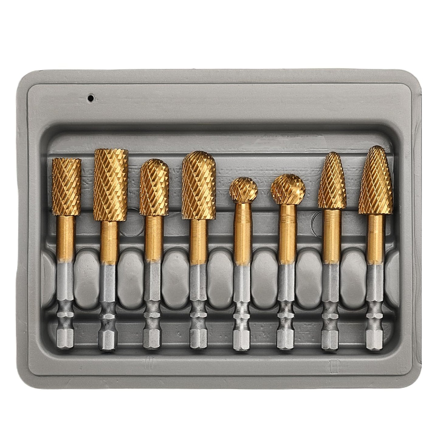 8Pack Carbide Burr Set (3/8 & 1/2 inch Diameter) with 1/4 inch Hex Shank,Tungsten Carbide Rotary Burr Set for DIY Grinder Metal Wood Engraving Polishing Drilling Grinding Milling Cutting