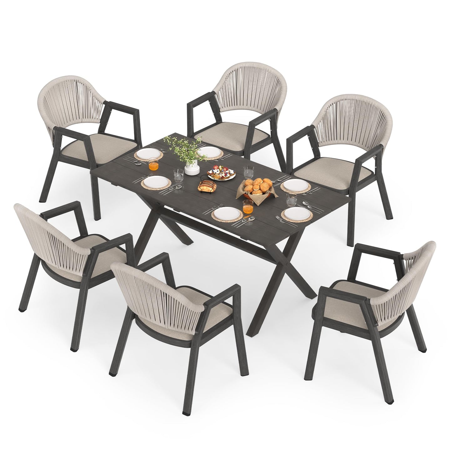 Cozyman Outdoor Dining Set 7-Piece, 59 Inch Patio Furniture Set with PE Wicker Chairs, All-Weather Resistant Aluminum Table for 7, Beige Almond