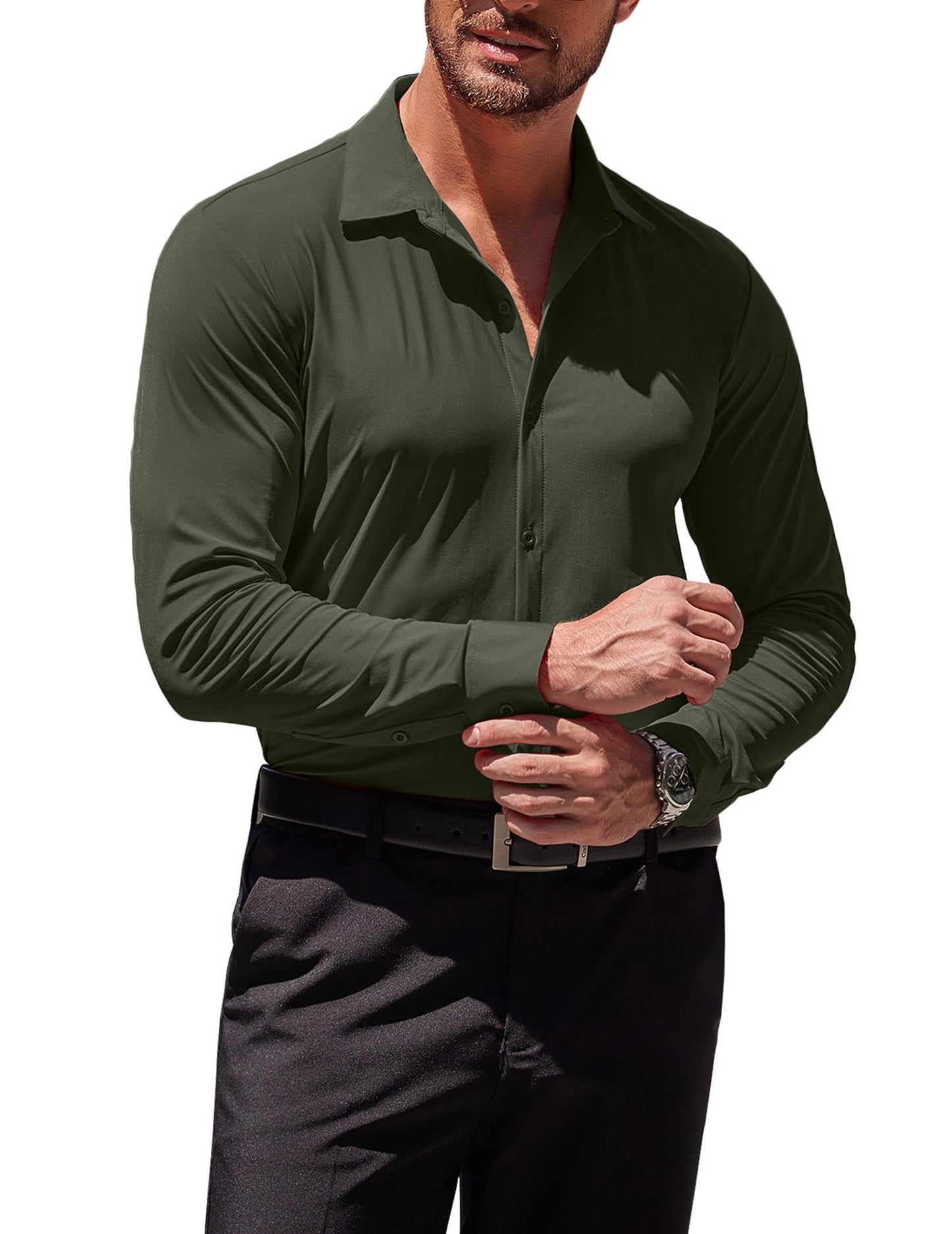 COOFANDY Men's Button Down Shirt Casual Dress Shirts Wrinkle Free Muscle Fitted Shirt Olive Green