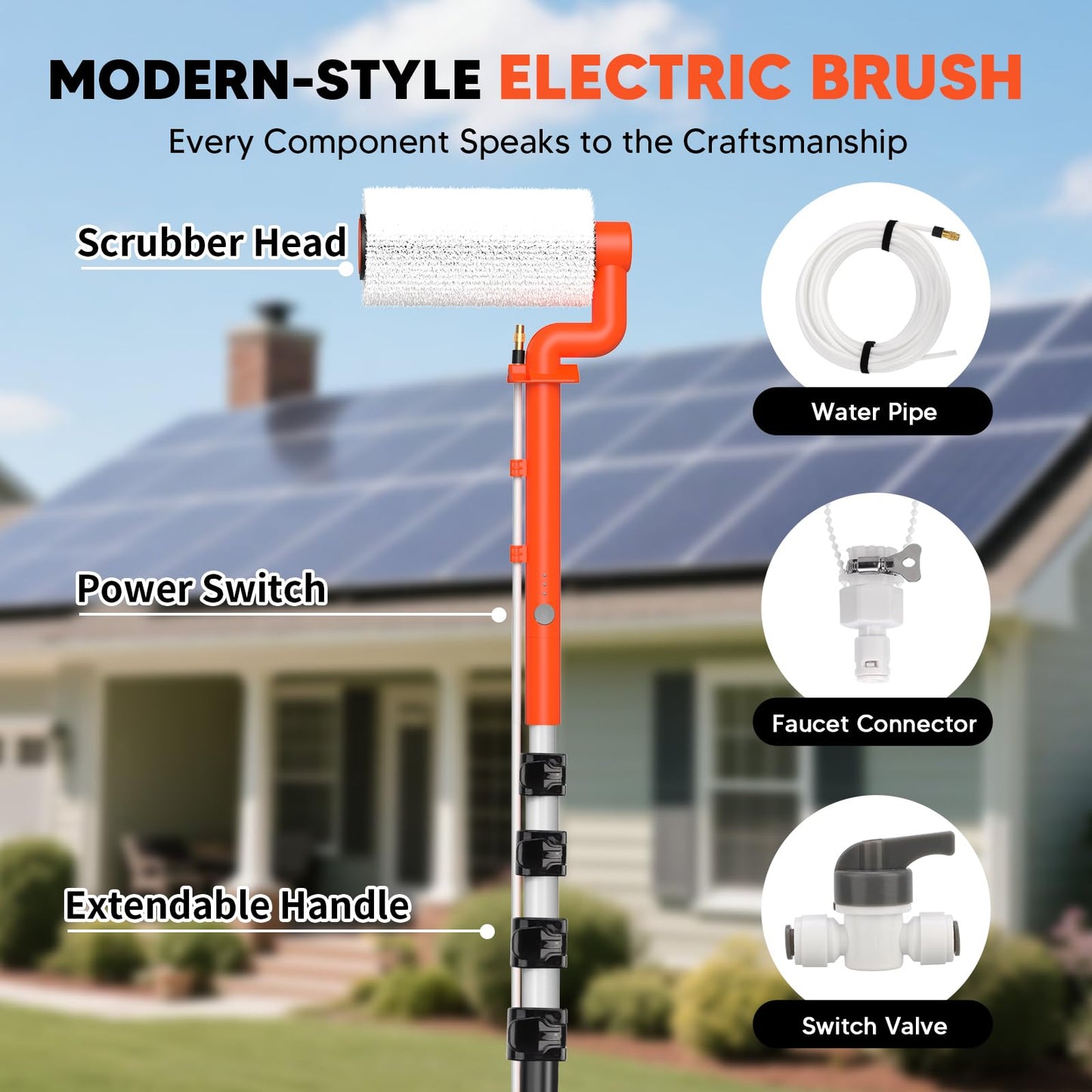 TURNRISE Electric Solar Panel Cleaning Brush: 20FT Adjustable Water Fed Pole Solar Panel Cleaning Kit with 23FT Water Pipe - Versatile Photovoltaic Brush for Solar Panels, Windows, Roofs