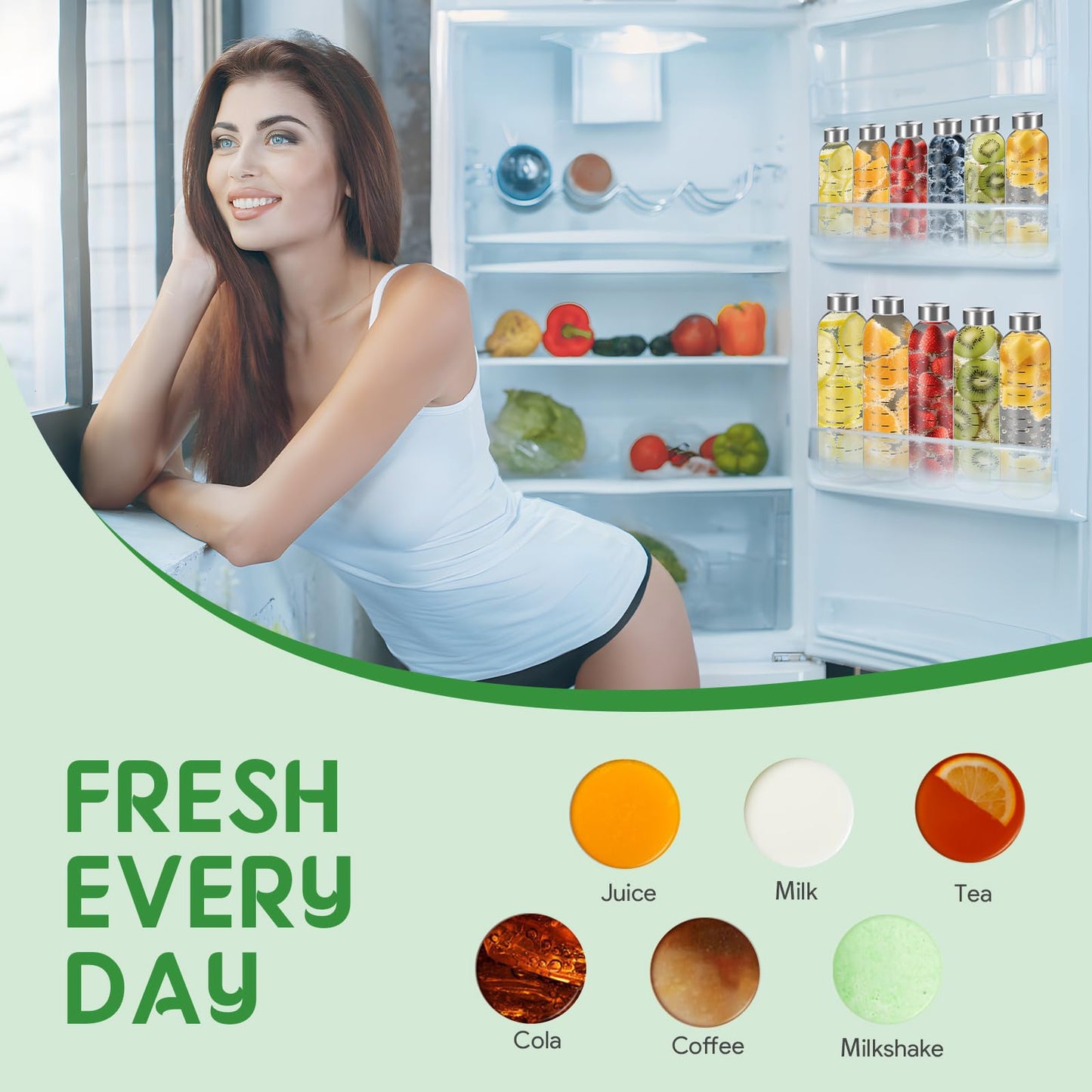 SIEROZUR Glass Juice Bottles With Lids 17oz- 6 Pack, Clear Water Bottle, Juicing Bottles Reusable Glass With Stainless Steel Cap, Drinking bottles for Refrigerator,100% Leak Proof, BPA Free