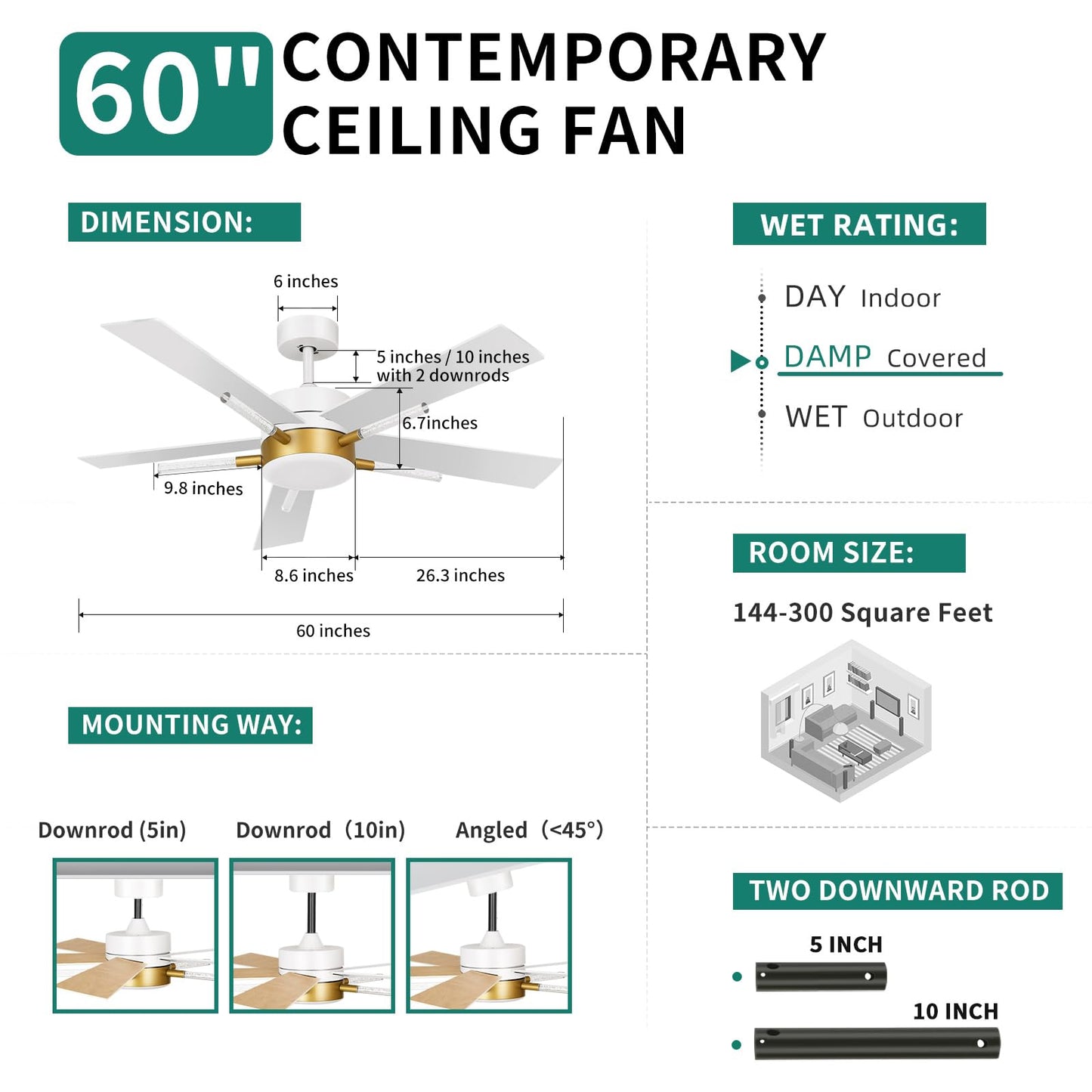 YITAHOME 60 Inch Ceiling Fan with Light and Remote, 5 Blades with Crystal Rod Design, Modern Chandelier Ceiling Fan with Reversible Quiet Motor, Indoor Fan with 3 LED Color, White &Gold