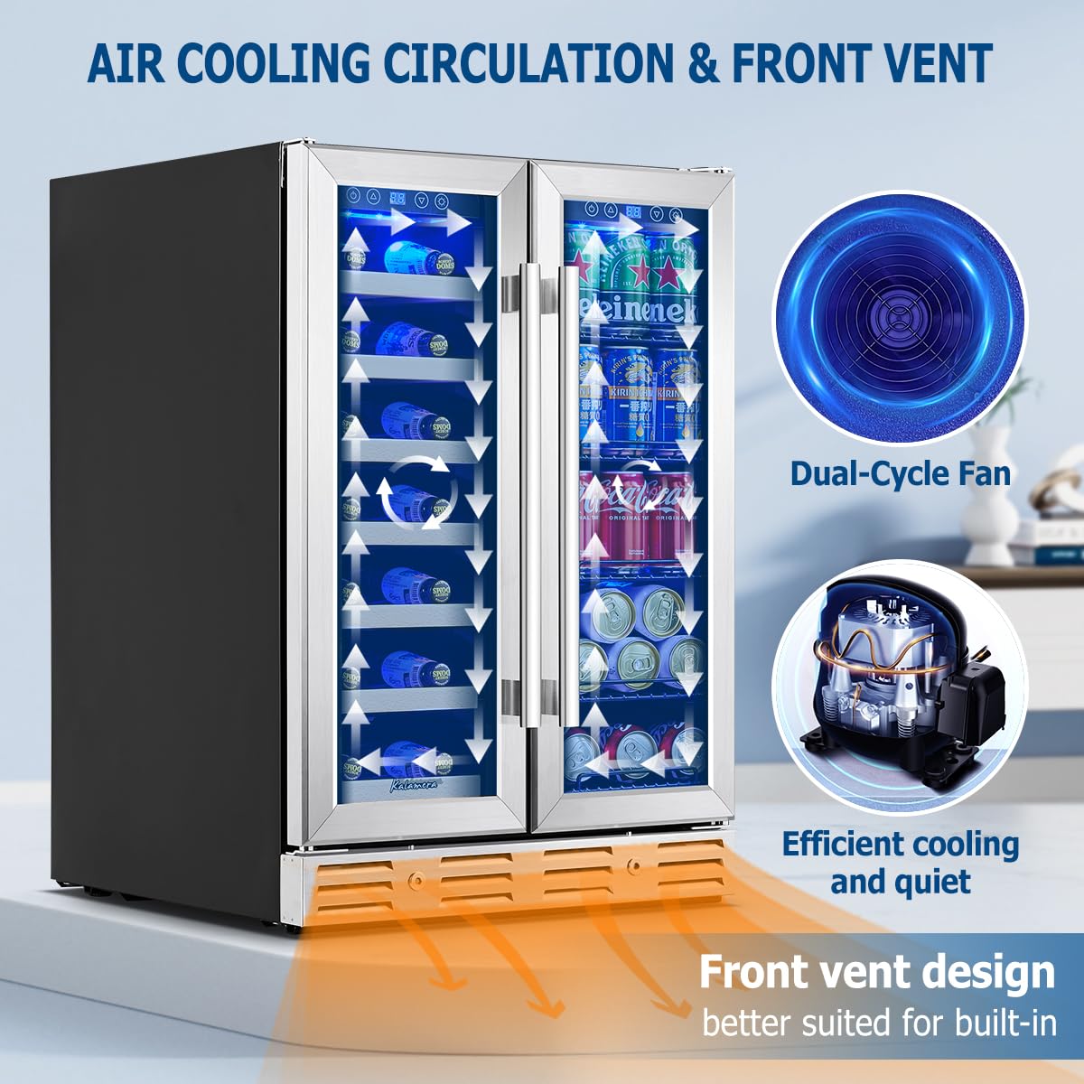 Kalamera Wine and Beverage Refrigerator, 24 inch Wine Fridge Dual Zone Hold 21 Bottles and 77 Cans,Built in or Under Counter Wine Fridge with Blue LED Light