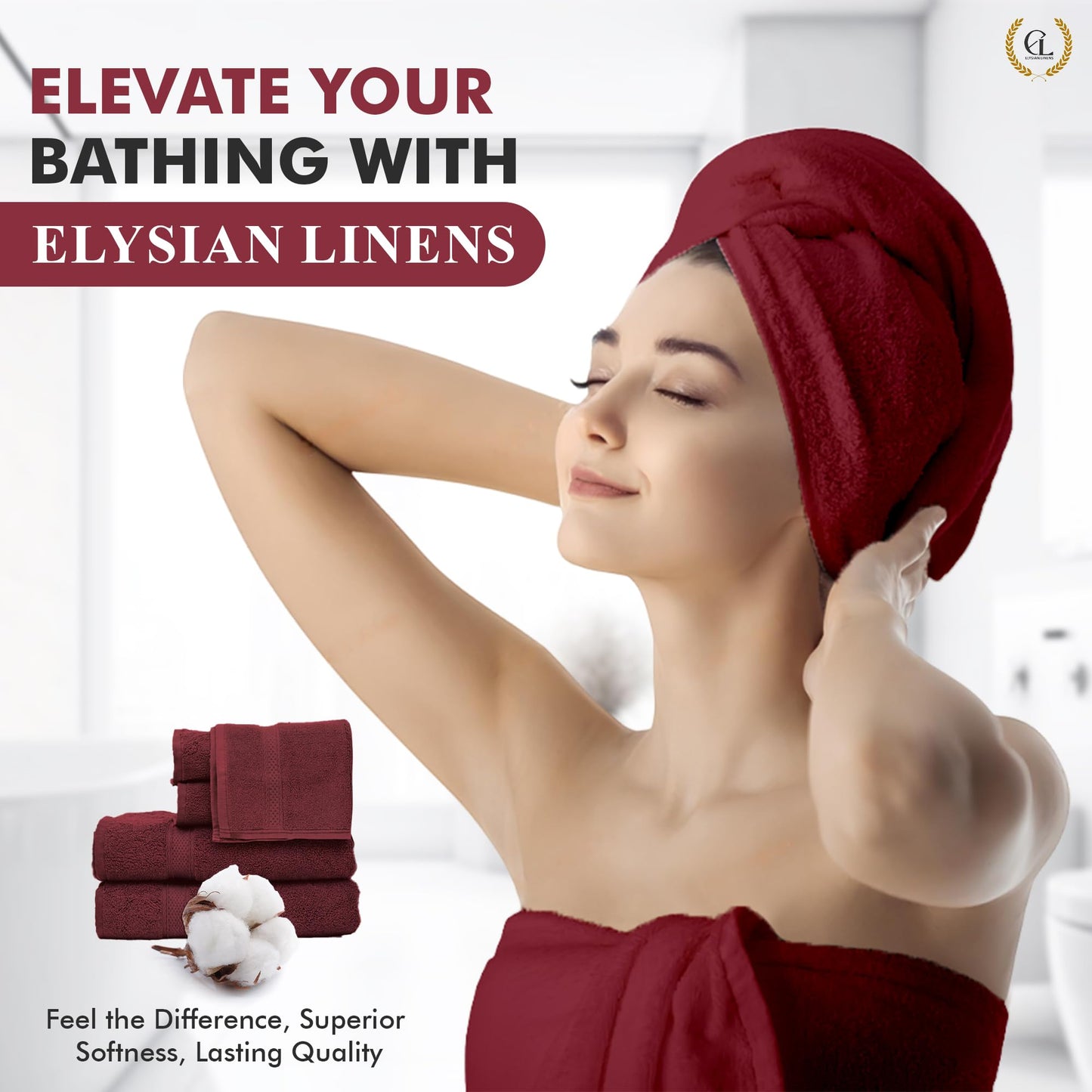 Elysian Linens Bath Towels Highly Absorbent Soft Fade Resistant 100% Cotton Bath Towels Hand Towels and Washcloth Set (Elysian Linens Crimson Comfort) 6-Piece 600 GSM