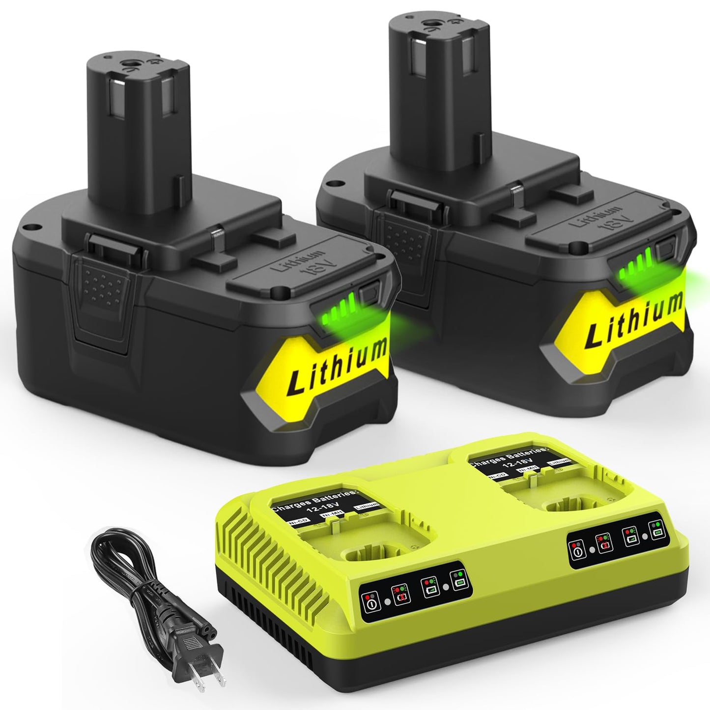 Energup 2Pack 18V P108 6.5A Replace for Ryobi 18V Battery for 18volt One Plus Lithium P108 P102 P103 P104 P105 P107 P109 P122 P190, with 2Port Ryobi Battery Charger