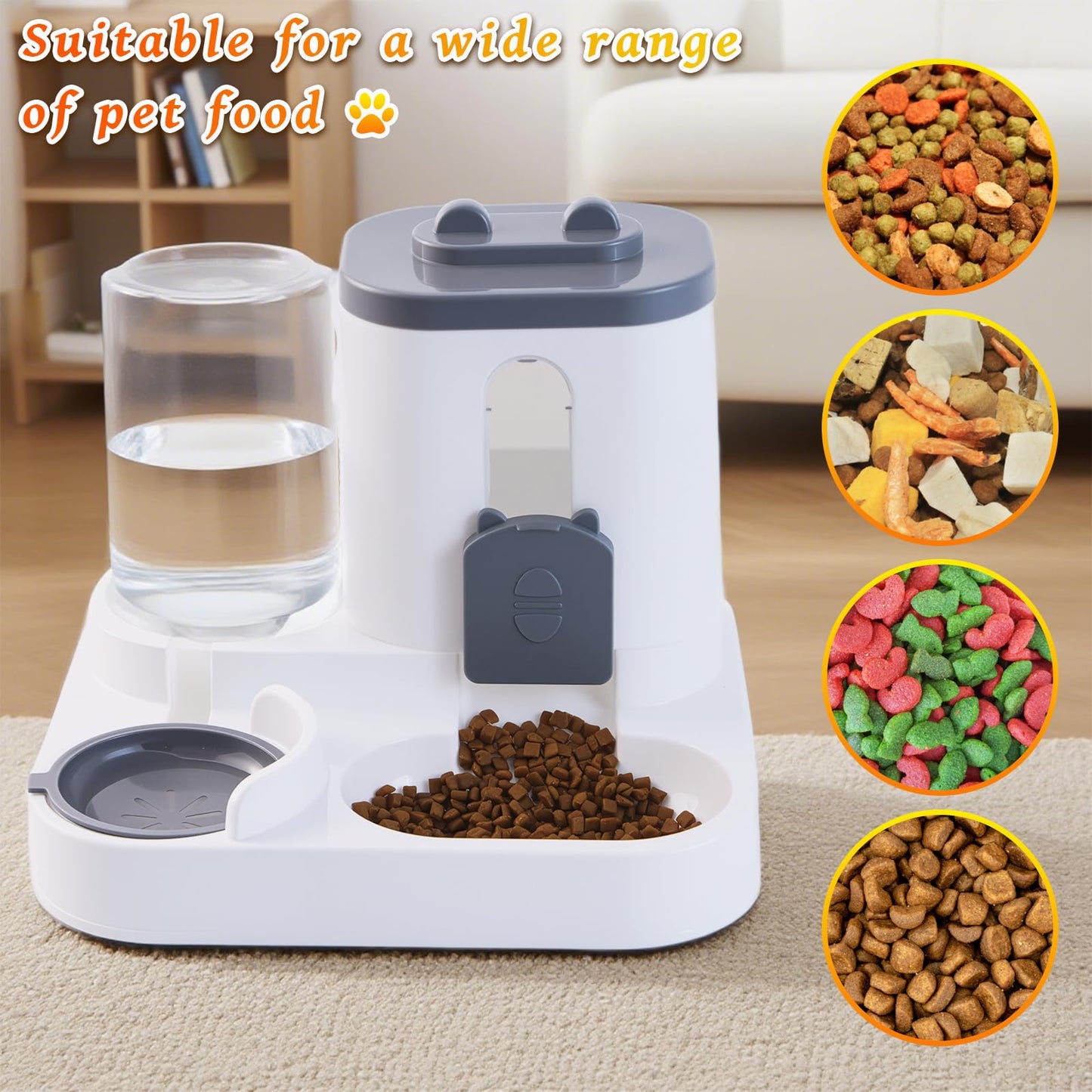 Gravity Cat Feeder and Water Dispenser, 2 in 1 Automatic Cat Feeder, 2 Pack Large Capacity Self Feeding for Small Medium Dog Puppy Kitten （Grey）