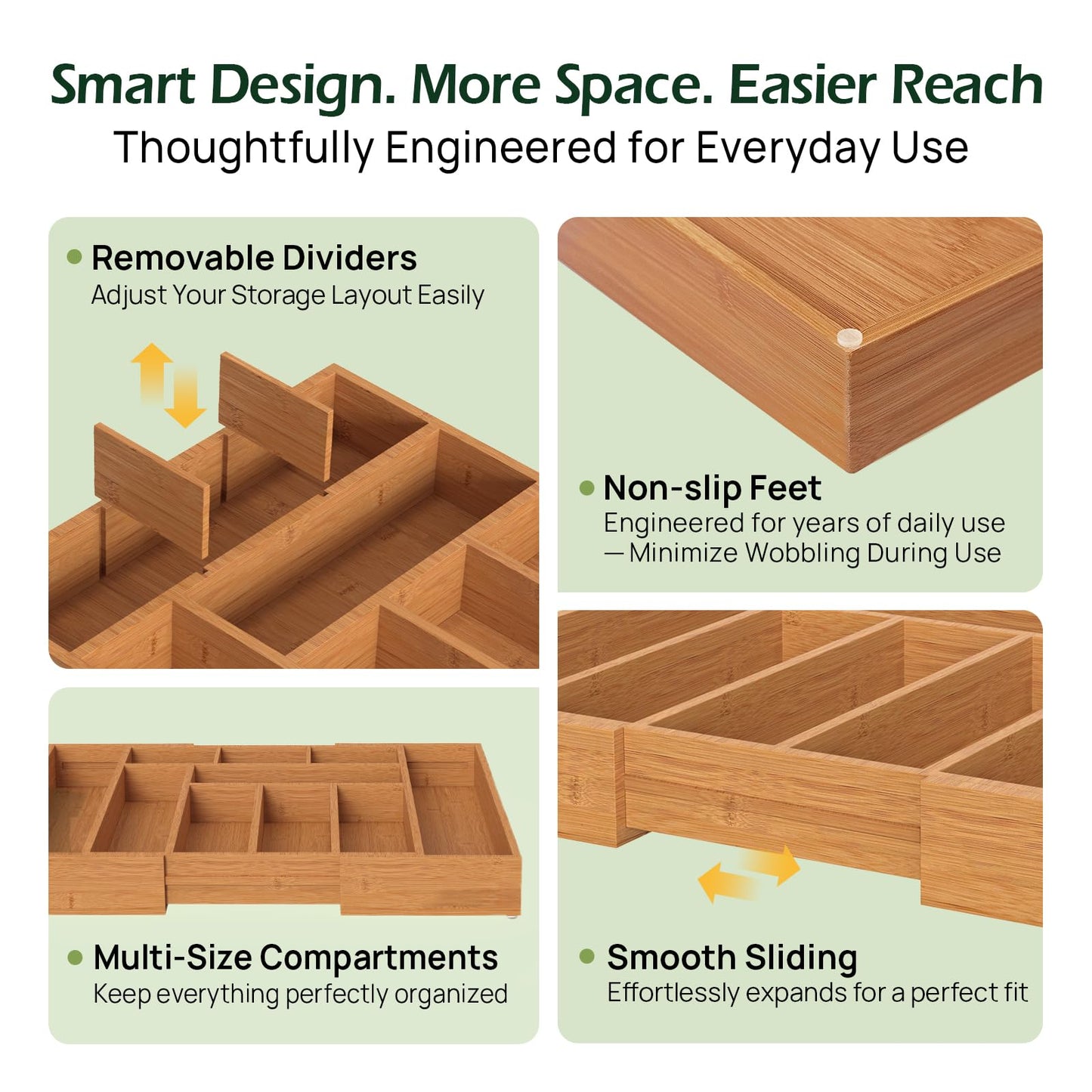 keechee Carbonized Bamboo Kitchen Drawer Organizer, 8-10 Slots Expandable Silverware Organizer, Utensil Holder & Cutlery Tray, 2.2" Deep for Extra Capacity, Non-Slip Feet Included.