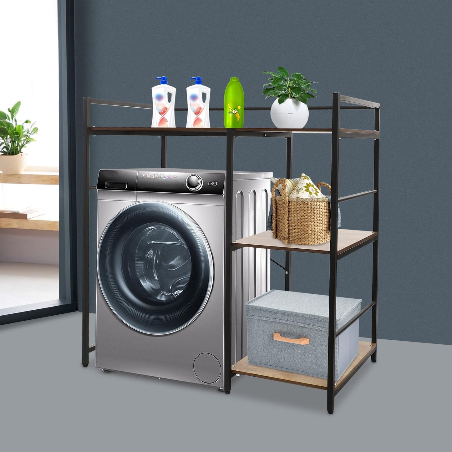 3 Tier Washing Machine Shelf, Over The Washer and Dryer Storage Shelves Space Saving Shelving Units Drying Organizer Stand with Side Racks for Laundry Room Apartment Bathroom (Black, Brown)