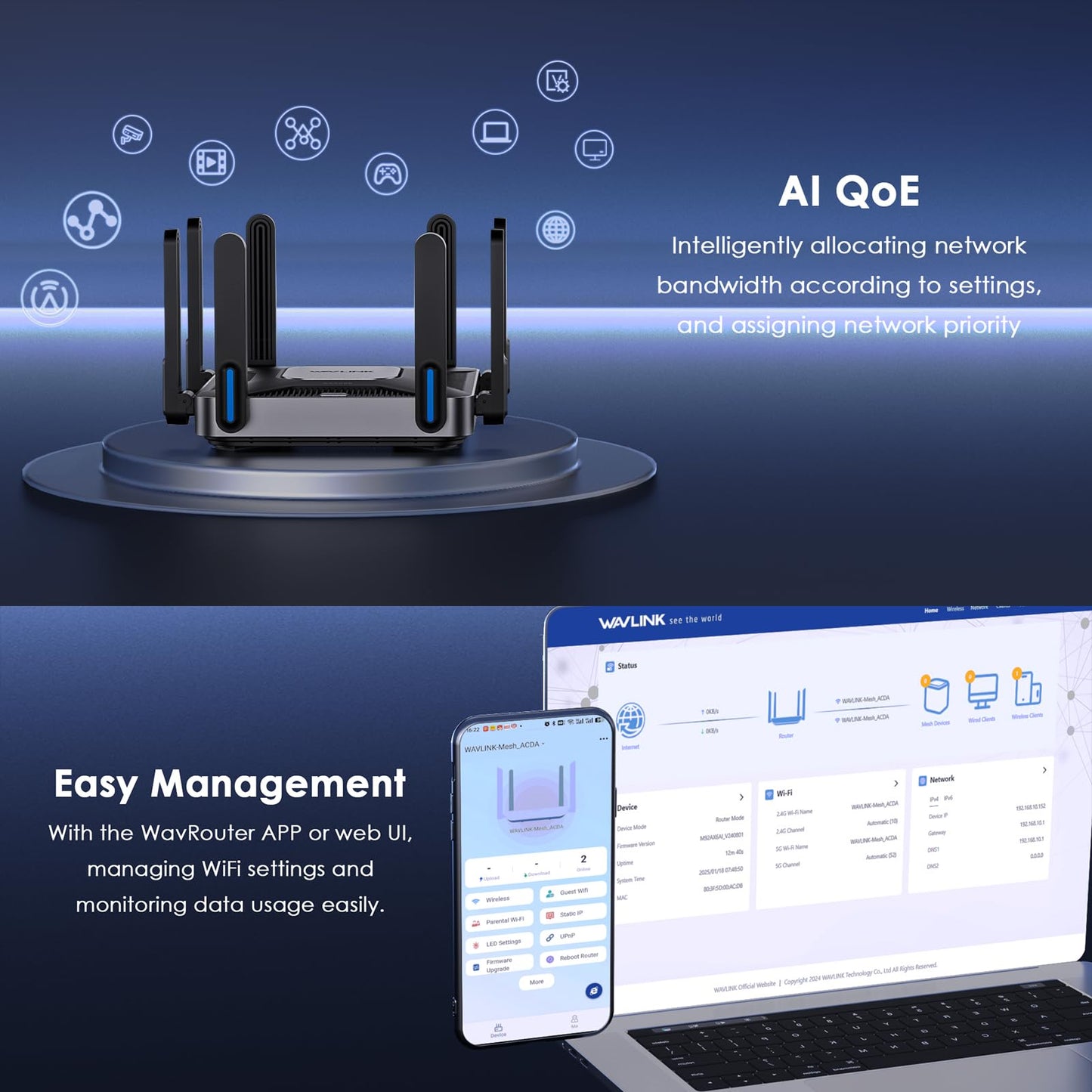WAVLINK AX6000 Dual-Band WiFi 6 Router - 2.5G Multi-Gig Ports, 6000Mbps Wireless Speeds, Quad-core CPU, WPA3 & VPN Security for Home/Office