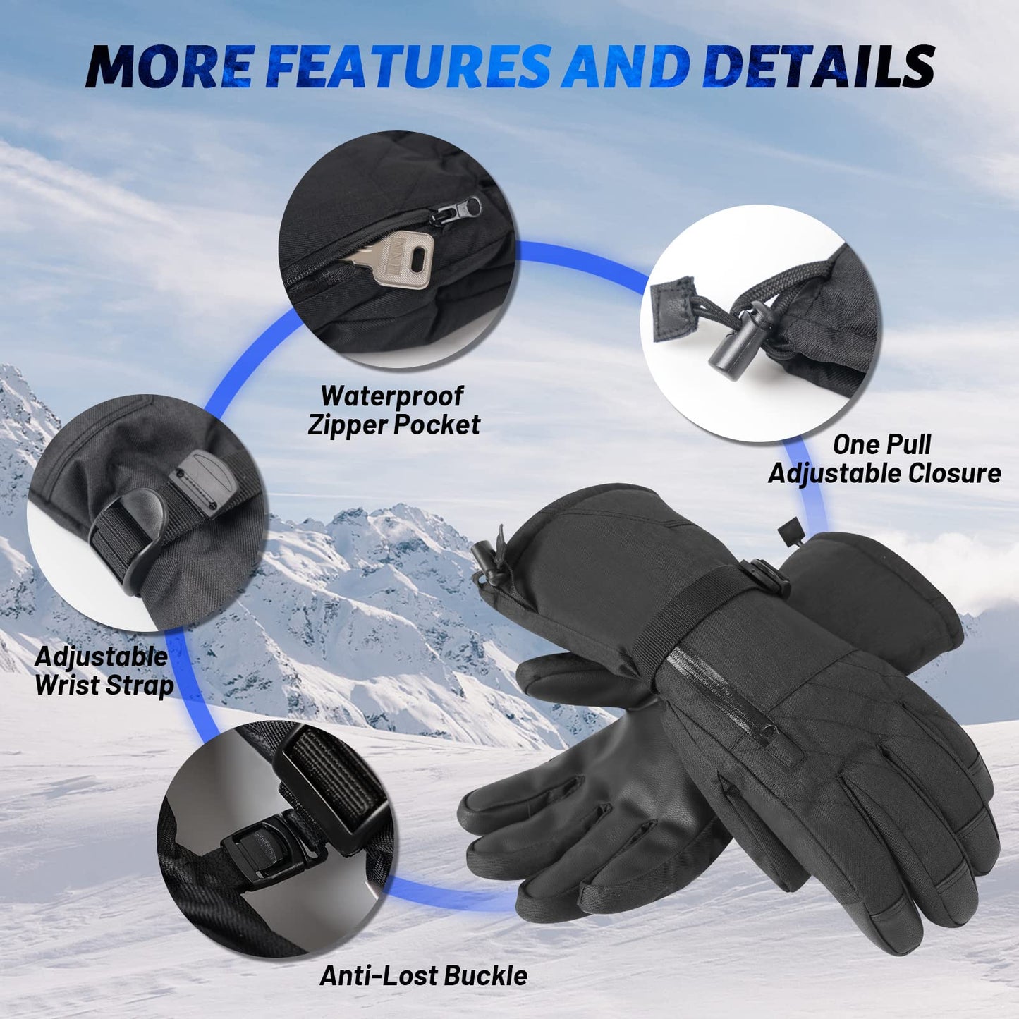 Ski Gloves Waterproof Touchscreen for Men Women Winter Snow Snowboard Gloves Warm Thermal 3M Thinsulate Insulated Black Snowmobile Gloves with Pocket for Extreme Cold Weather Outdoor Windproof Medium