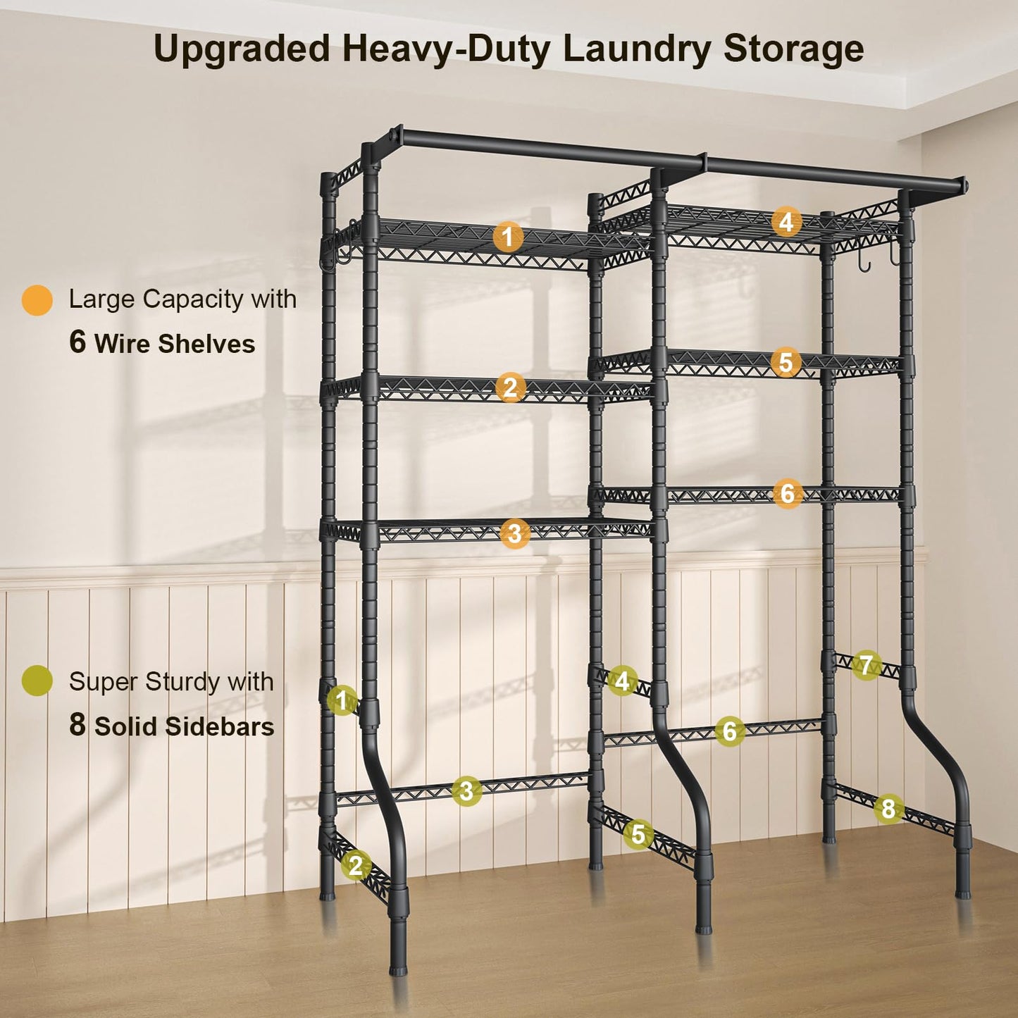 Ulif U13 Medium Over Washer and Dryer Storage Shelves, 6 Tiers Laundry Room Standing Shelf with 2 Hanger Rods, Space Saver Clothes Drying Rack, 57.8" W x 22" D x 77.4" H, Black