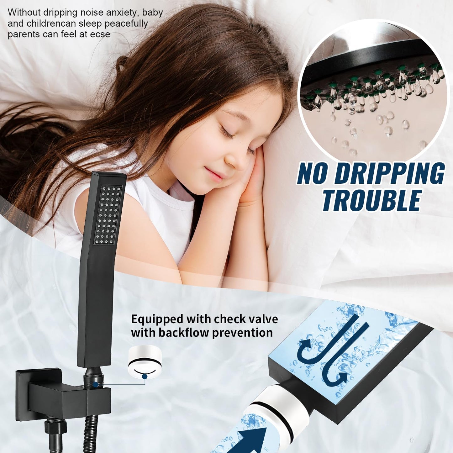 BALLEERUN Shower Faucet Kit 10-Inch Matte Black Showerhead and Handle Kit Bathroom Deluxe Rain Shower Combo Kit with Square Rain Showerhead and High-Pressure Handheld Sprayer Shower Valve