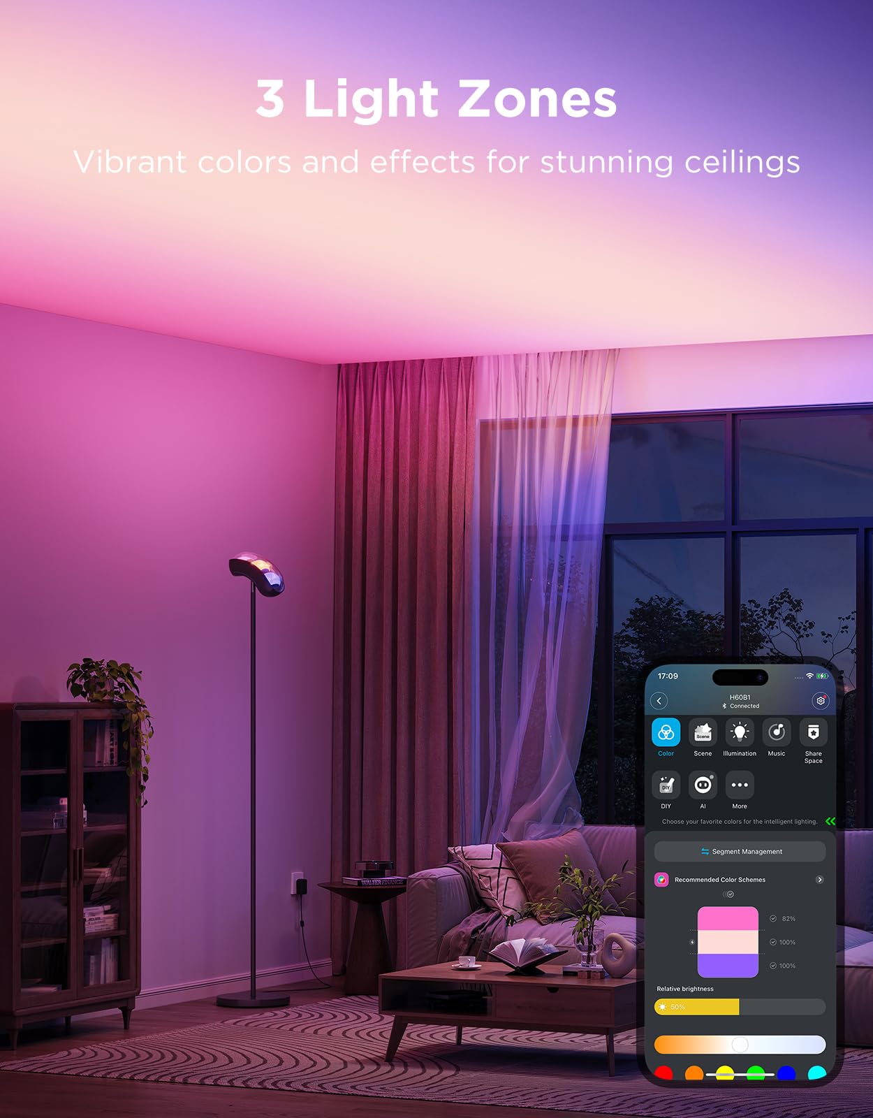 Govee Torchiere Floor Lamp with Matter, Alexa Compatible, RGBIC Warm Cool White Standing Lamp with 77 Scene Modes, Music Sync, 67" Modern Floor Lamps for Living Room Bedroom, Black, 172 ft² Light Area