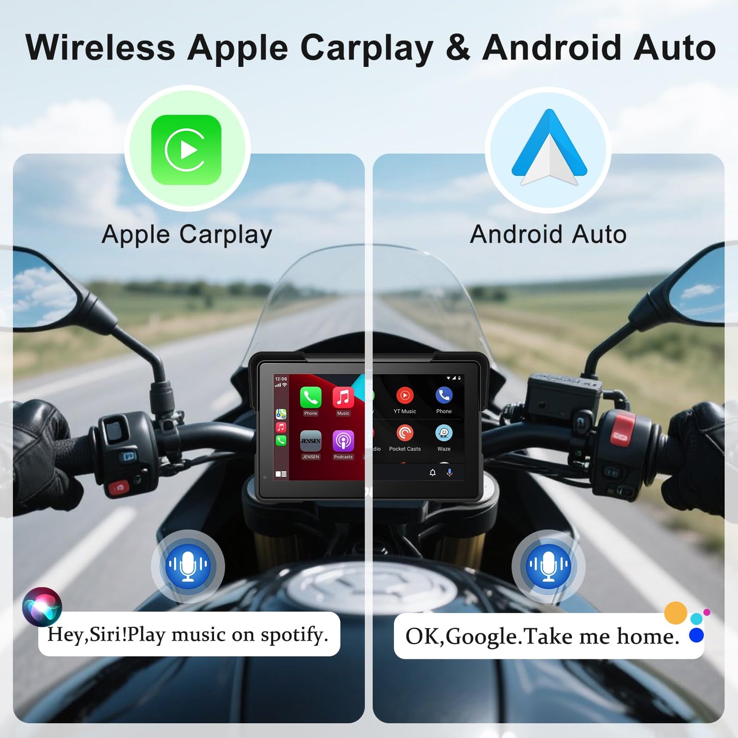 Wireless Motorcycle Apple Carplay,7 Inch Portable Motor GPS Navigation with Apple Carplay & Android Auto,Siri & Google Assistant, Anti-Glare/Bluetooth 5.2/ Voice Control/ IP69K Waterproof Touchscreen