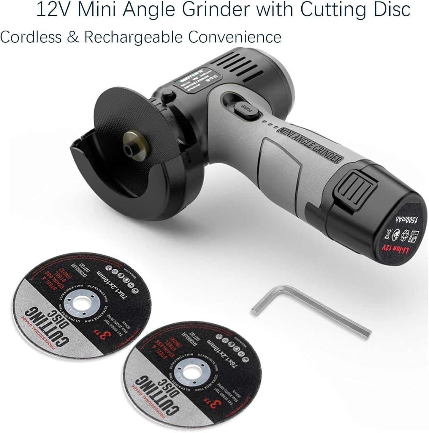 Mini Angle Grinder, 12V Multifunctional Cordless Angle Grinder Kit with Cutting Disc, Multifunctional Cordless AngleGrinders Kit, 1500mah Battery Powers for Metal Wood (2 Battery)