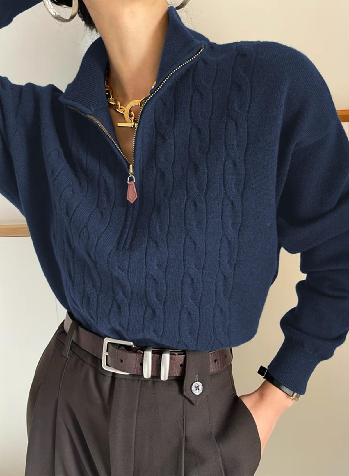 Dokotoo Christmas Womens Sweaters for Women Trendy Winter 2025 Women Outfits Dressy Casual Women's Sweaters Fashion Fall Old Money Clothes Cute Quarter Zip Sweater Pullover Oversized Tops Navy Blue