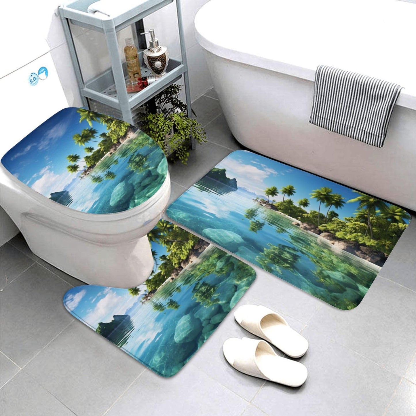 Beautiful Island In The Sea Bathroom Rug Set - 3 Piece Non Slip Shower Mats With U-Shaped Contour Toilet Mat, Absorbent Microfiber Bath Mats Washable Bathroom Floor Mats For Tub Shower Room Decor