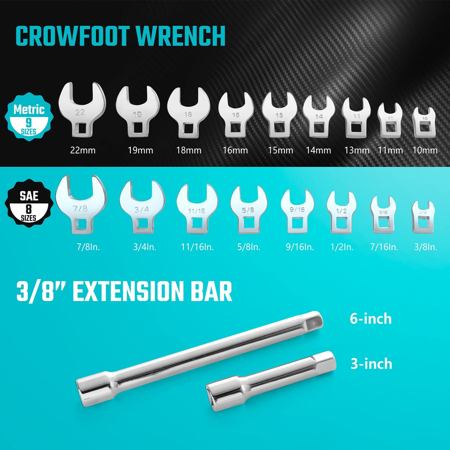 DURATECH 3/8" Drive Crowfoot Wrench Set with 2 Extension Bars, SAE & Metric, 19-Piece, 10-22mm & 3/8"-7/8", CR-V Steel, with EVA Foam Tool Organizer