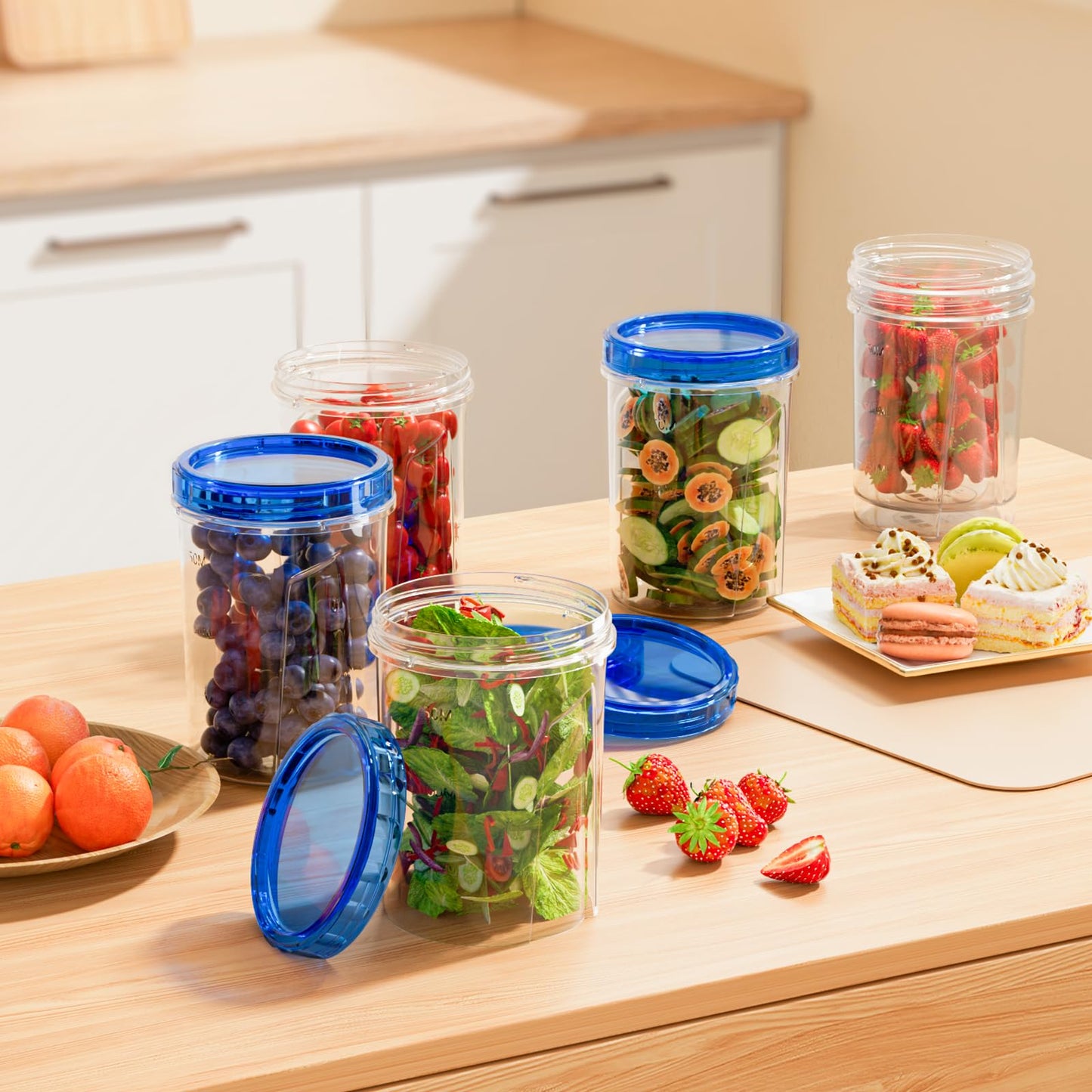 [32 oz 10 Pack] Food Storage Freezer Containers Clear Bottom with Blue Twist Top Lids Reusable, Plastic Airtight Meal Prep Containers BPA Free | Stackable | Leakproof | Microwave/Dishwasher Safe