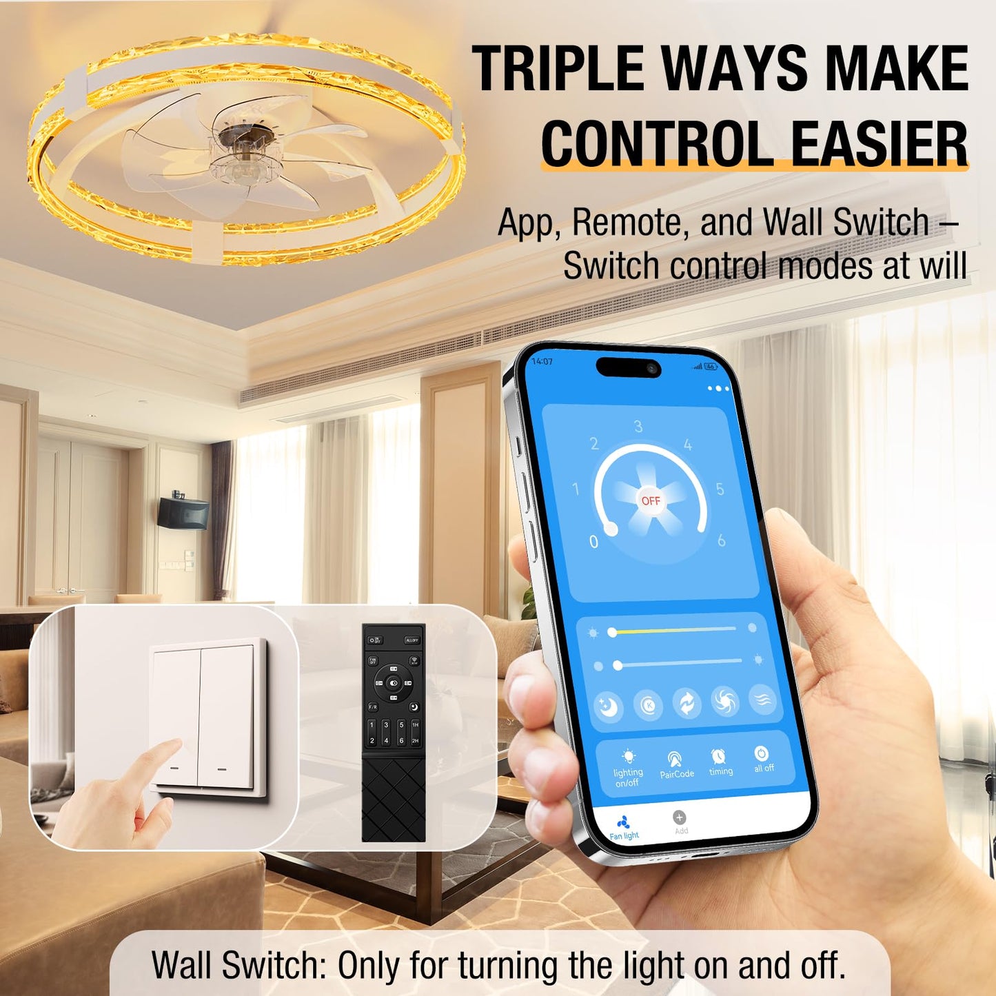 SKRFORM Ceiling Fans with Lights and Remote, 20'' Low Profile Flush Mount Ceiling Fan with 6 Speeds & 3 Color Temperature, 3000-6500K Dimmable Led Fandelier for Bedroom Livingroom, White