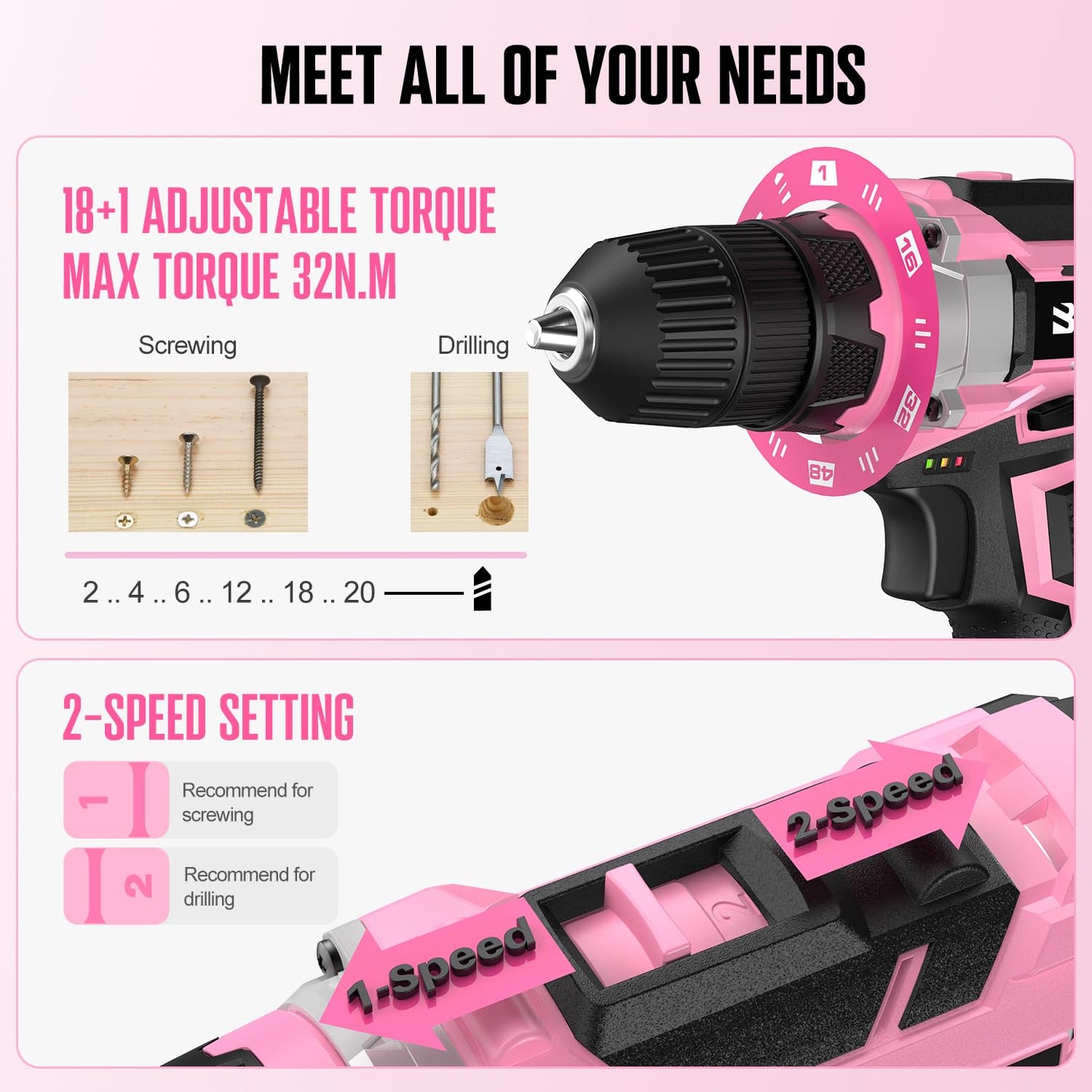 Bielmeier 20V 236Pcs Cordless Pink Drill Set - Essential Women's Pink Tool Set, Lady's Basic Home Tool Kit with Pink Tool Bag - All in One Pink Tool Kit Ideal for DIY, Home Improvement