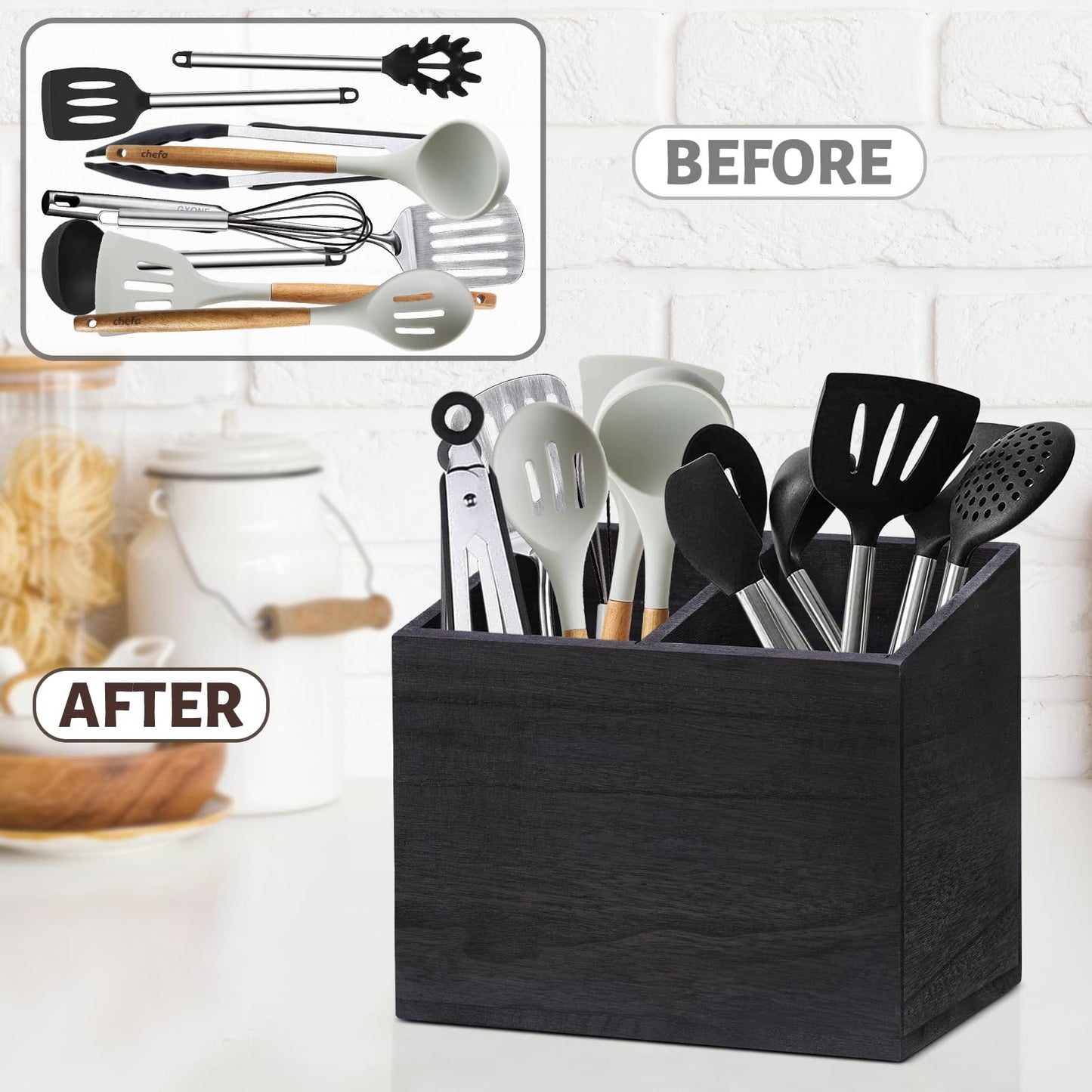 Wooden Kitchen Utensil Caddy With 2 Compartments, Rustic Utensil Holder for Kitchen Countertop, Wood Utensil Crock Organizer Box for Farmhouse Kitchen Decor (black)