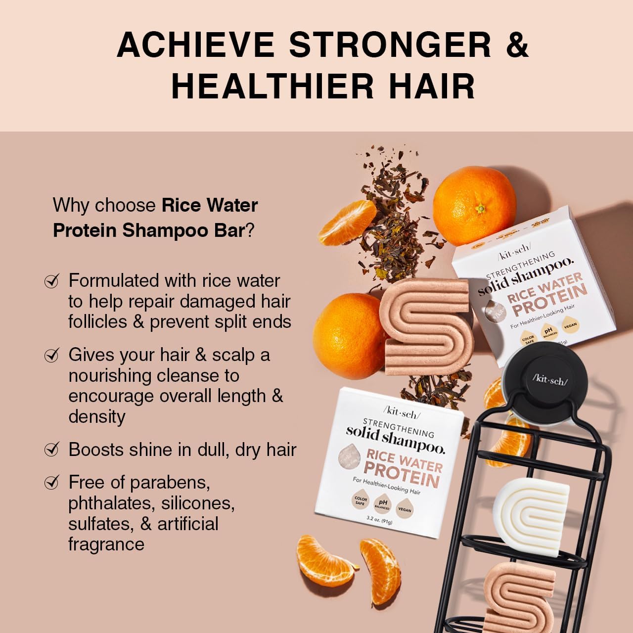 Kitsch Rice Water Shampoo & Conditioner Set - Solid Shampoo & Conditioner Bar with Protein for Strengthening Hair & Damage Repair - Paraben, Sulfate and Silicone Free - Nourishing Hair Care - 2 pack