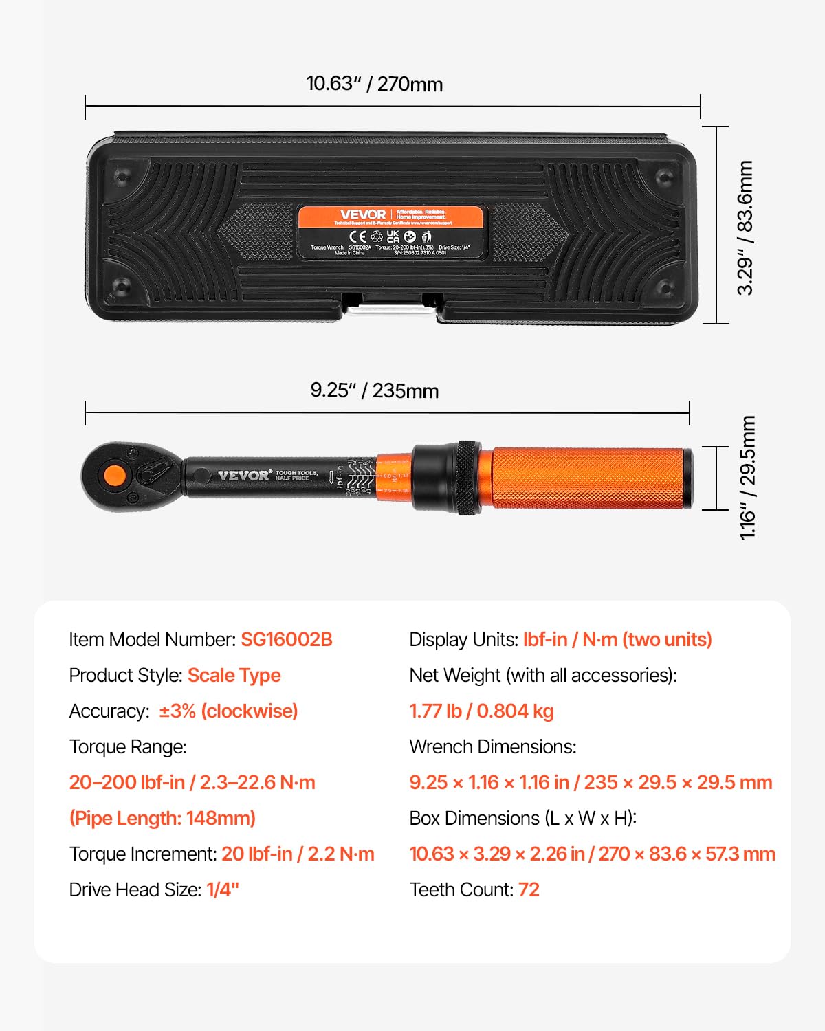 VEVOR 13Pcs Torque Wrench Set, 1/4 Inch Drive, 20-200IN.LB(2.3-22.6Nm), 72-Tooth Click Torque Wrench with Hex/Torx/Sockets, Extension Bars, for Bicycle Motorcycle Maintenance