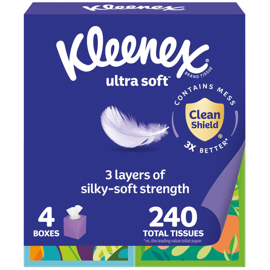 Kleenex Ultra Soft Facial Tissues, 4 Cube Boxes, 60 Tissues per Box, 3-Ply (240 Total), Packaging May Vary