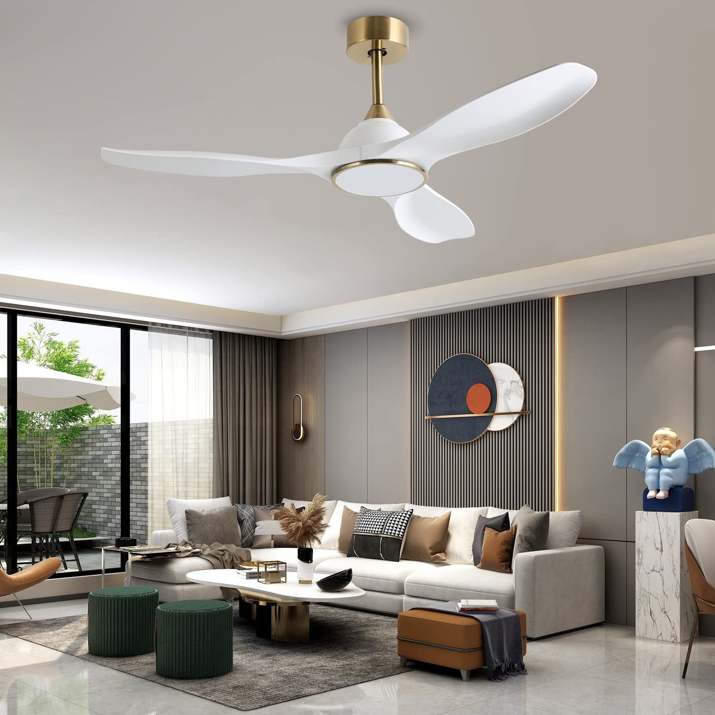 Fanliving 52 Inch 6 Speed High CFM Quiet DC Motor Modern Ceiling Fan with Lights Remote Control, 3 Blade White Gold Indoor Bedroom Living Room Ceiling Fan