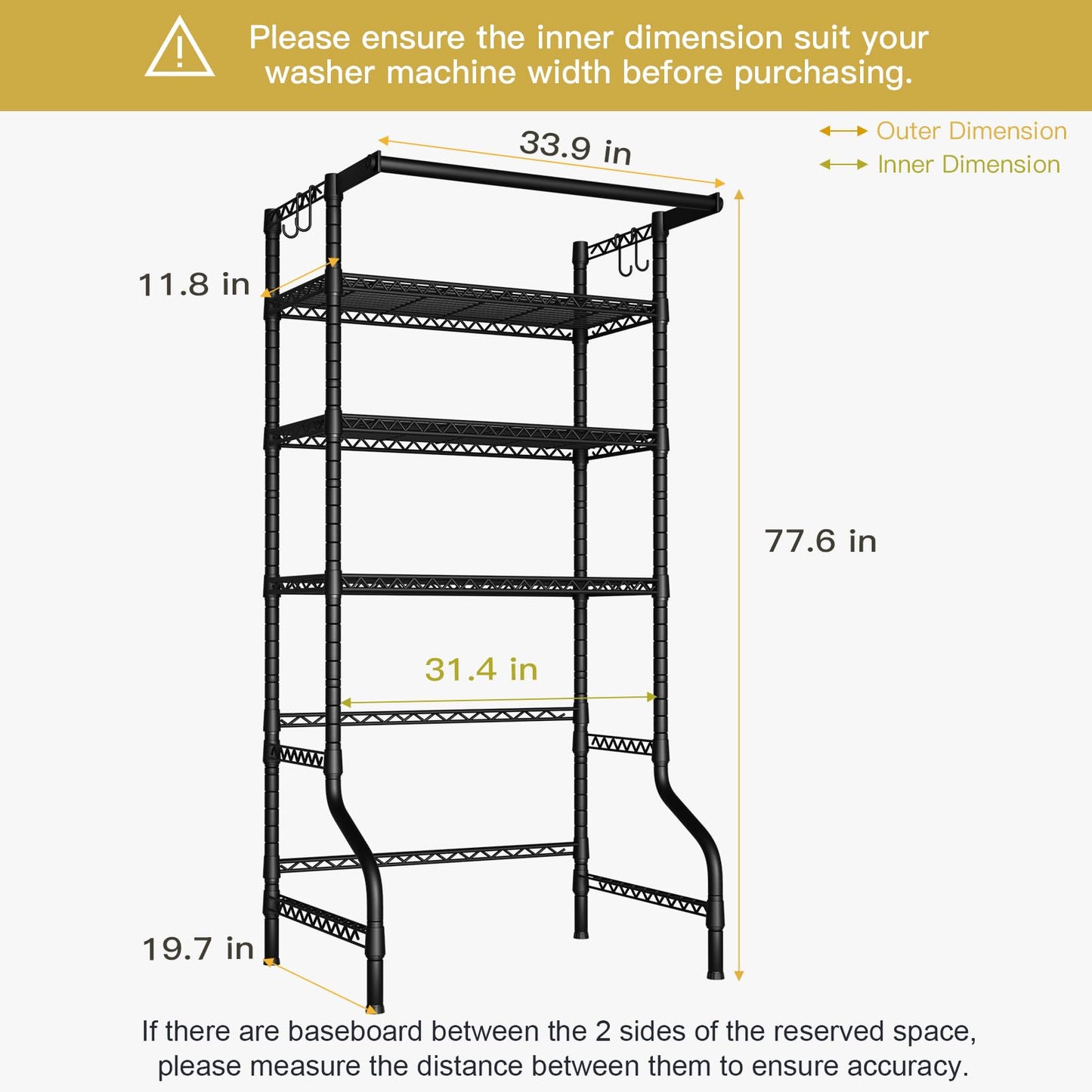 Ulif U11 Over Washer and Dryer Shelves, 3 Tiers Laundry Room Storage and Organizer Standing Shelf, Metal Freestanding Clothes Drying Rack, 33.9" W x 19.7" D x 77.6" H, Black