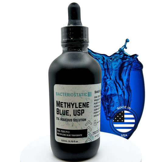 Methylene Blue Drops Pharmaceutical Grade 3.75 fl oz, USA Made Glass Bottle and Dropper Pure 1% Aqueous Solution 110 mL, USP Heavy Metals 3rd Party Tested