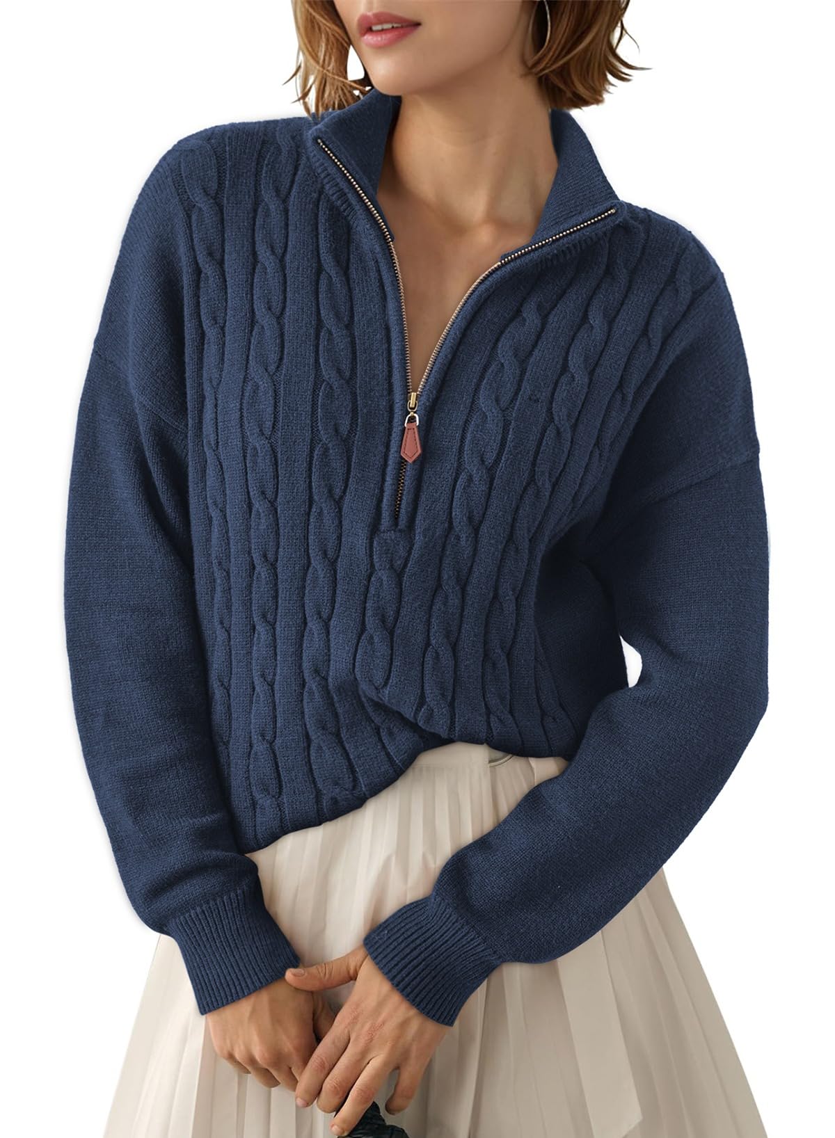 Dokotoo Christmas Womens Sweaters for Women Trendy Winter 2025 Women Outfits Dressy Casual Women's Sweaters Fashion Fall Old Money Clothes Cute Quarter Zip Sweater Pullover Oversized Tops Navy Blue