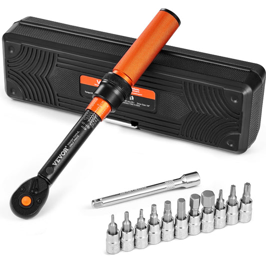 VEVOR 13Pcs Torque Wrench Set, 1/4 Inch Drive, 20-200IN.LB(2.3-22.6Nm), 72-Tooth Click Torque Wrench with Hex/Torx/Sockets, Extension Bars, for Bicycle Motorcycle Maintenance