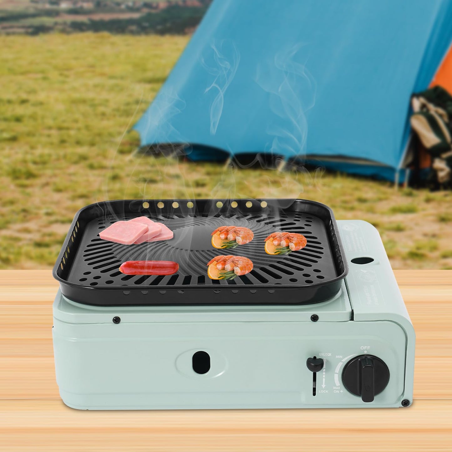 Mejuv Portable Camping Stove, Single Propane Burner with Large Grill Tray for Outdoor Camping, BBQ, Turkey Fry, Patio Patry (Green)