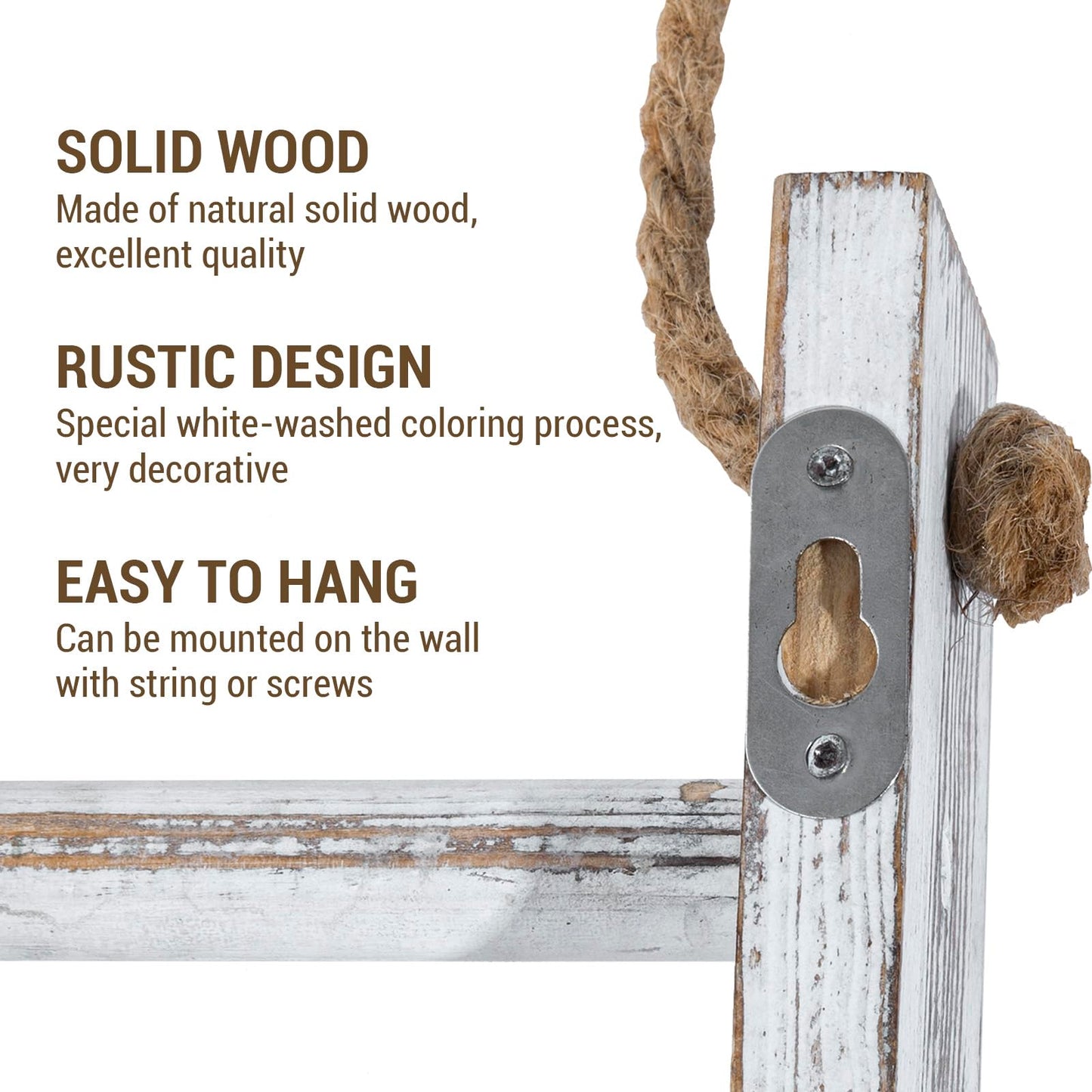 MyGift Rustic Hand Towel Holder, Whitewashed Solid Wood Farmhouse Bathroom Decor, Small Blanket Ladder for Home Decor, Wall Mounted Towel Rack for Shabby Chic Decor