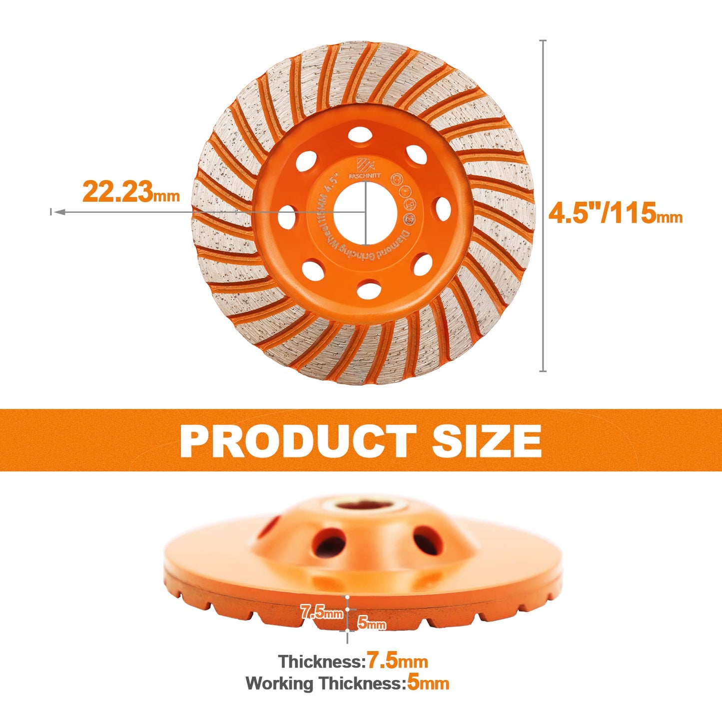 Concrete Diamond Turbo Grinding Cup Wheel,BRSCHNITT 4-1/2 inch Angle Grinder Diamond Turbo Row Cutting Wheel for Grinding/Polishing/Cleaning Surface Grinding Granite,Concrete,Stone,Cement,Marble,Rock