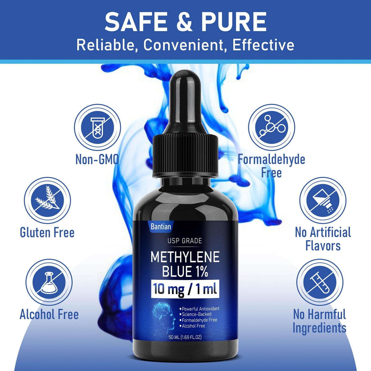 Methylene Blue 1%, Methylene Blue Pharmaceutical Grade Glass Bottle with Dropper, Liquid Methylene Blue for Humans, Formaldehyde & Alcohol-Free, 50 ml