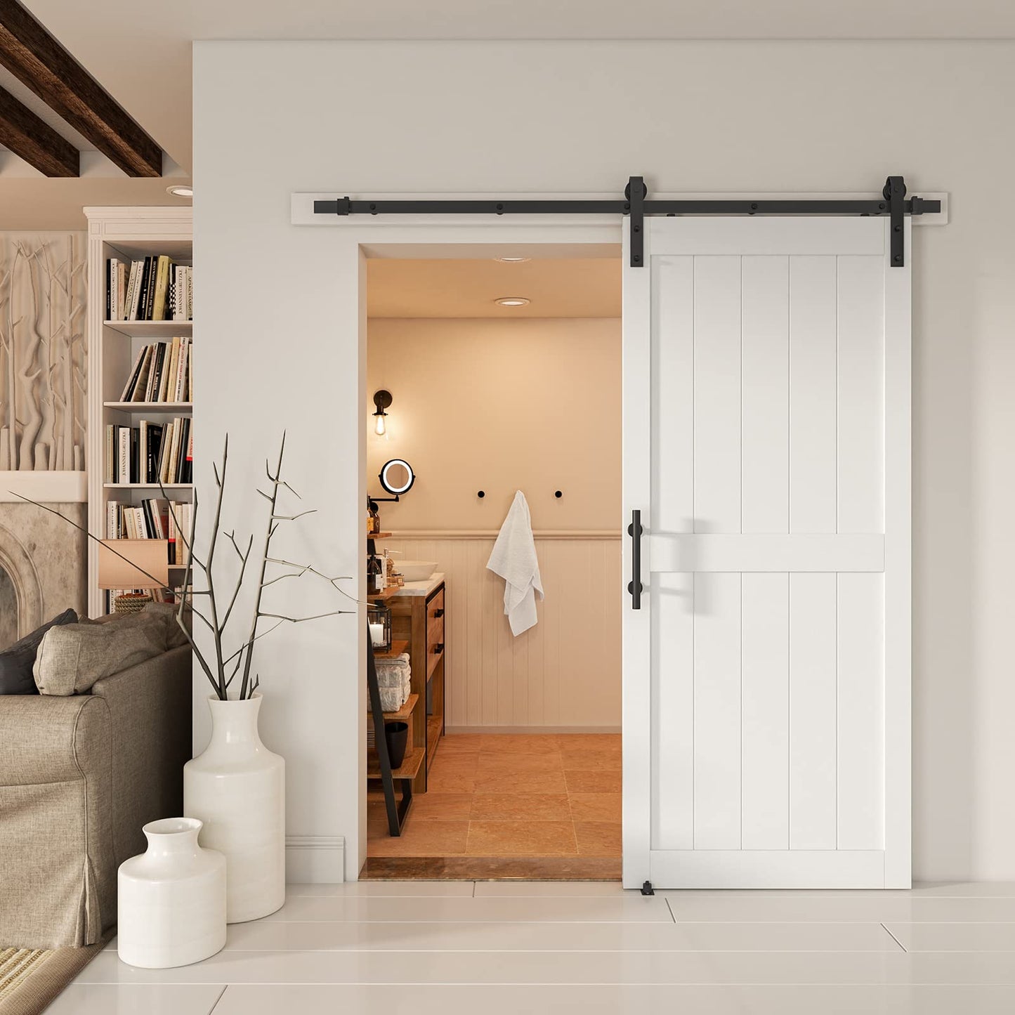 ALAMEDADT 36''x84'' Sliding Barn Door with 6.6 Ft Barn Door Hardware Kit& Handle& Floor Guides,Pre-Drilled Holes Easy Assembly - Include Installation Manual, Water-Proof PVC Surface, H-Frame, White
