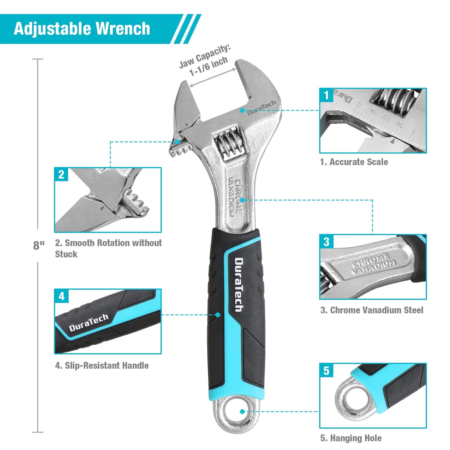 DURATECH 8-Piece Pliers Set with Rolling Pouch, Premium Cr-V/Cr-Ni Construction, (12", 10", 8" Groove Joint Pliers, 8" Adjustable Wrench, 8" Linesman, 6" Long Needle Nose, 6" Slip Joint, 6" Diagonal)