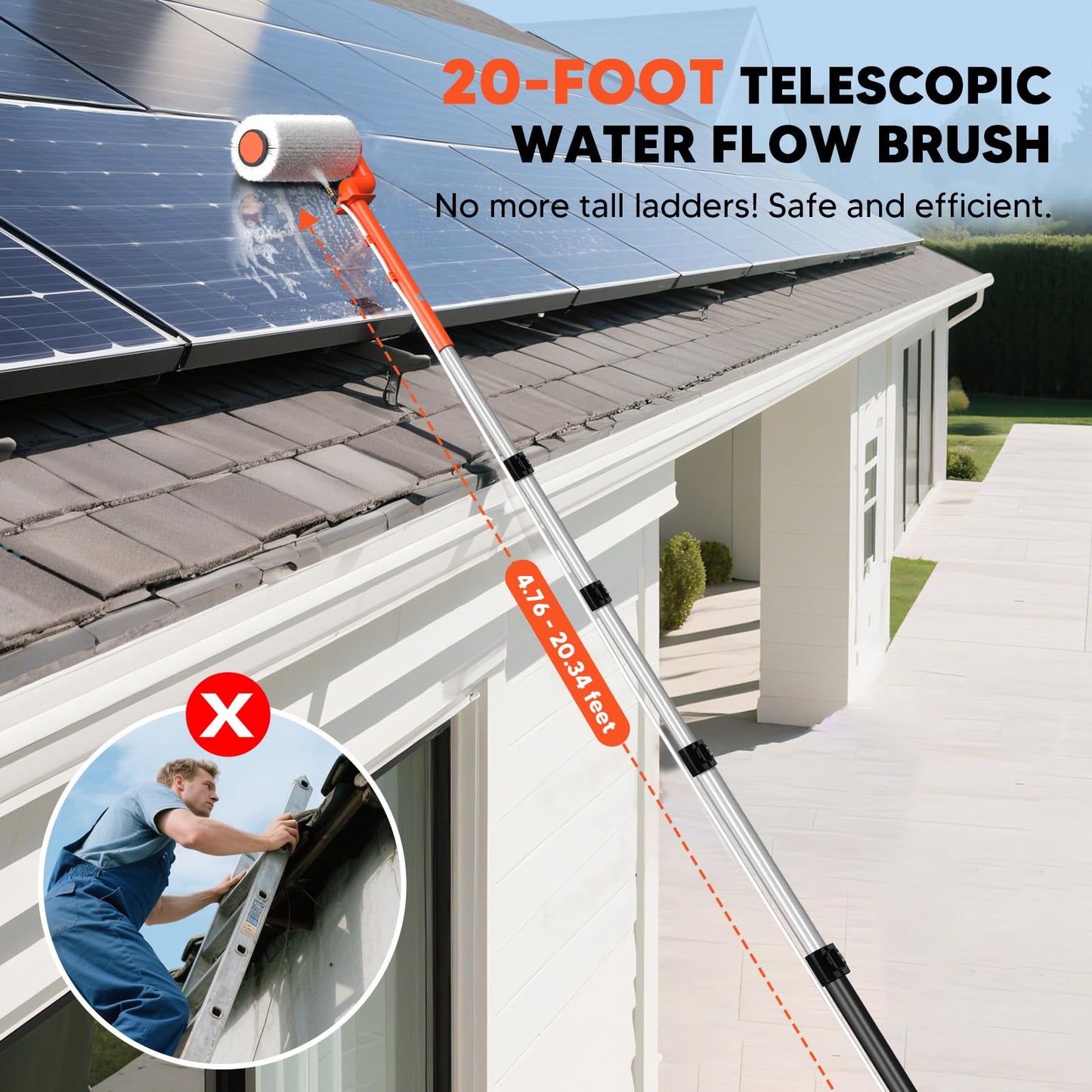 TURNRISE Electric Solar Panel Cleaning Brush: 20FT Adjustable Water Fed Pole Solar Panel Cleaning Kit with 23FT Water Pipe - Versatile Photovoltaic Brush for Solar Panels, Windows, Roofs