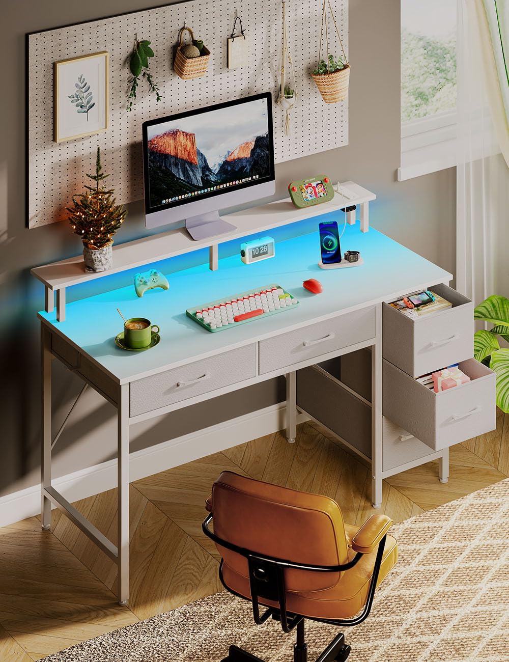 Seventable Computer Desk with Power Outlets & LED Light, 39 inch Home Office Desk with 5 Drawers, Writing Desk with Monitor Stand, Work Desk for Home Office, White