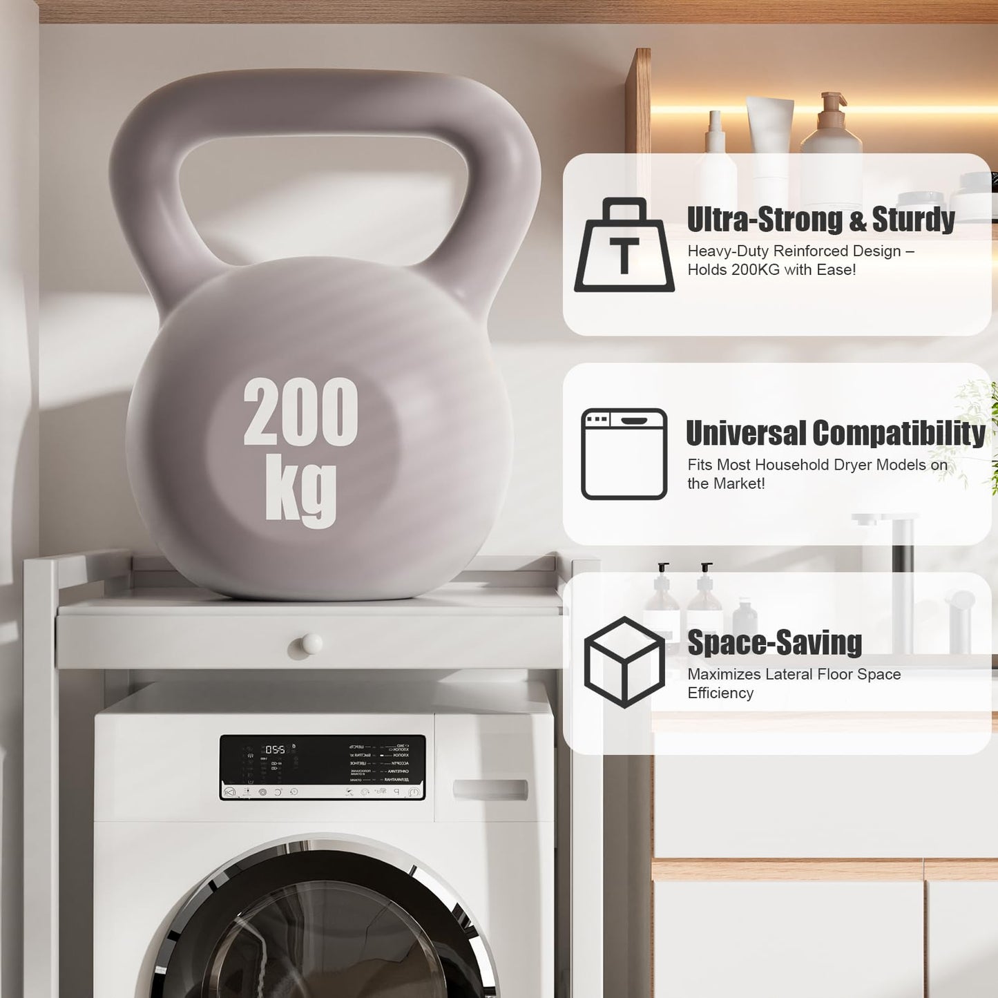 ilkqeppe Washer Dryer Shelf, Over the Washer Storage Shelf, Washer and Dryer Countertop, Height Adjustable Washing Machine Storages Stand (White)