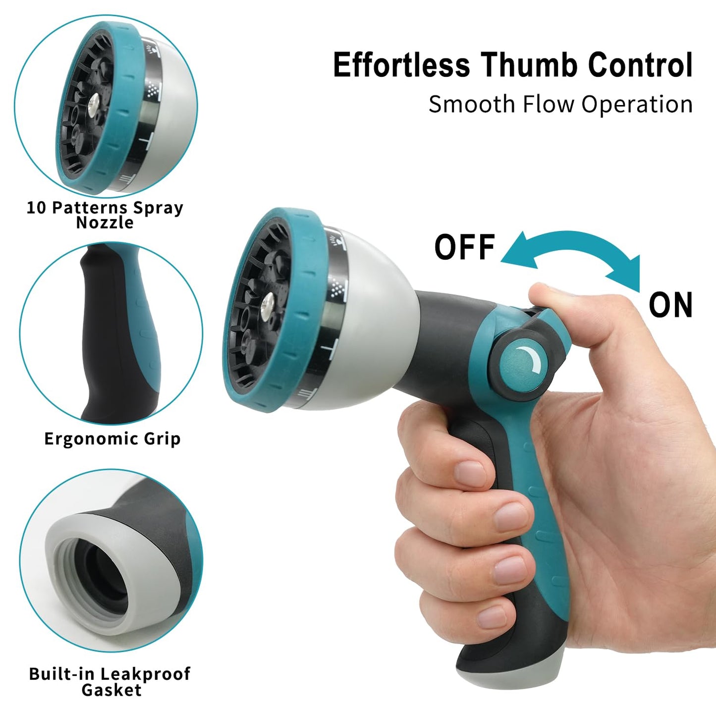 Hose Nozzle, Garden Hose Nozzle with 10 Spray Patterns, Thumb Control On Off Valve, Adjustable and Heavy Duty for Washing Car, Watering Plants, Washing Pets, and Home Use