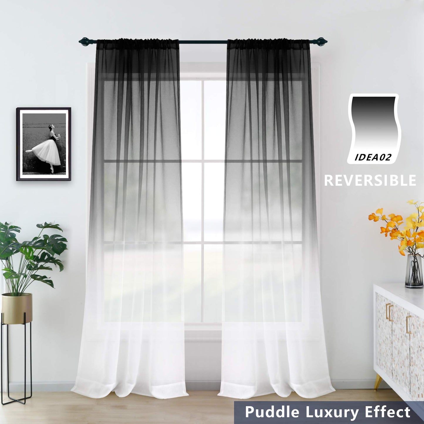 KOUFALL Modern Decorative Unique Faux Linen Ombre Semi Sheer White and Black Sheer Curtains for Living Room Bedroom Boys Room Decor Teen 52 x 84 Length 2 Windows Curtain Set Panels Rod Pocket