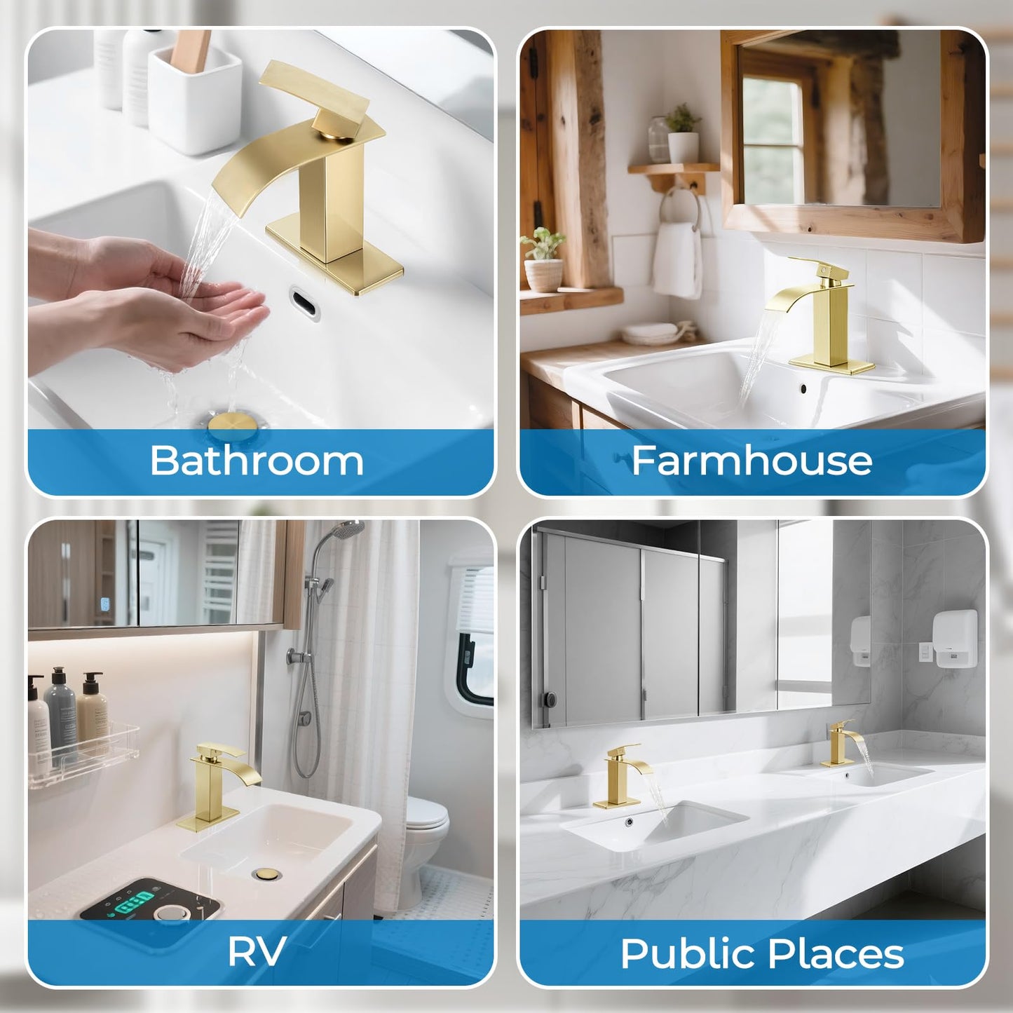 RNDIOZD Brushed Gold Bathroom Faucets, Waterfall Bathroom Sink Faucet Modern Single Handle Bathroom Faucte 1 or 3 Hole, RV Mixer Tap Vanity Faucet - Includes Pop-up Drain Supply Hoses Deck Plate