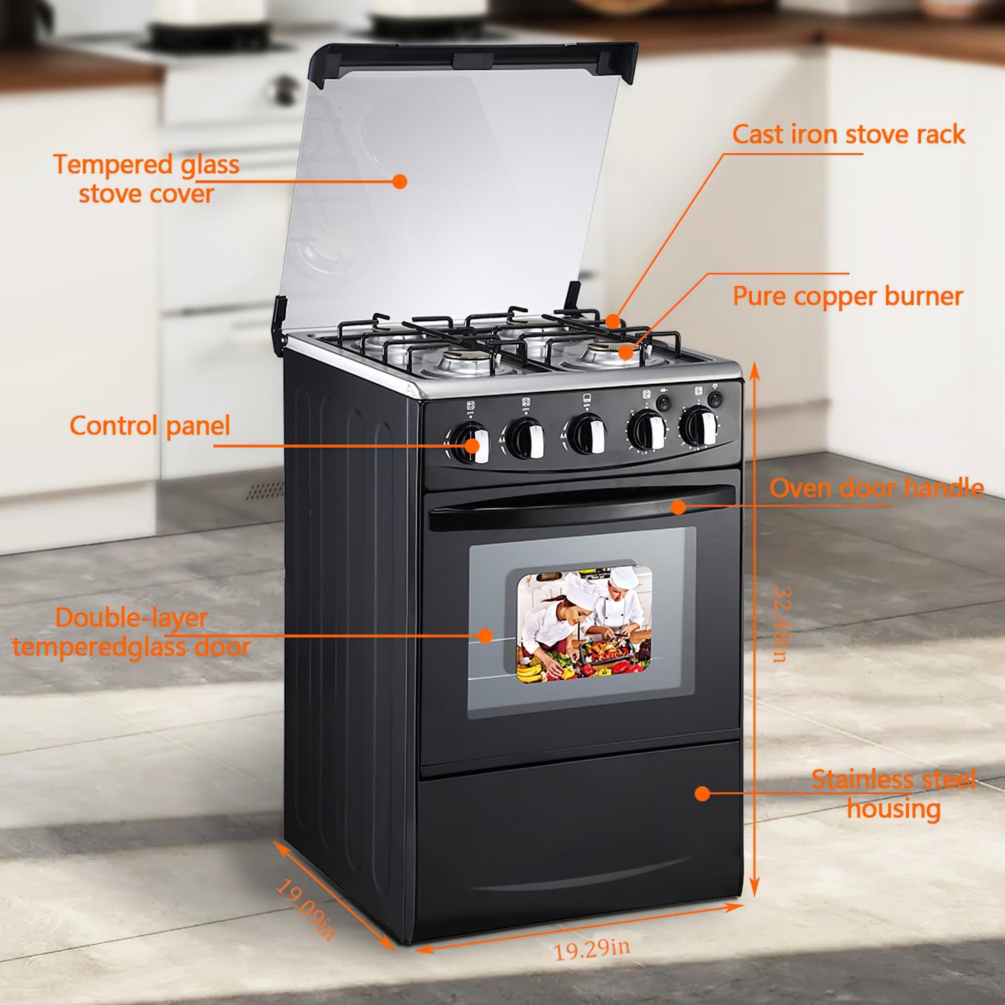 Gas Range with Double-Layer Glass Door, 4 Burners, Cast Iron Rack, 52L Capacity, Black