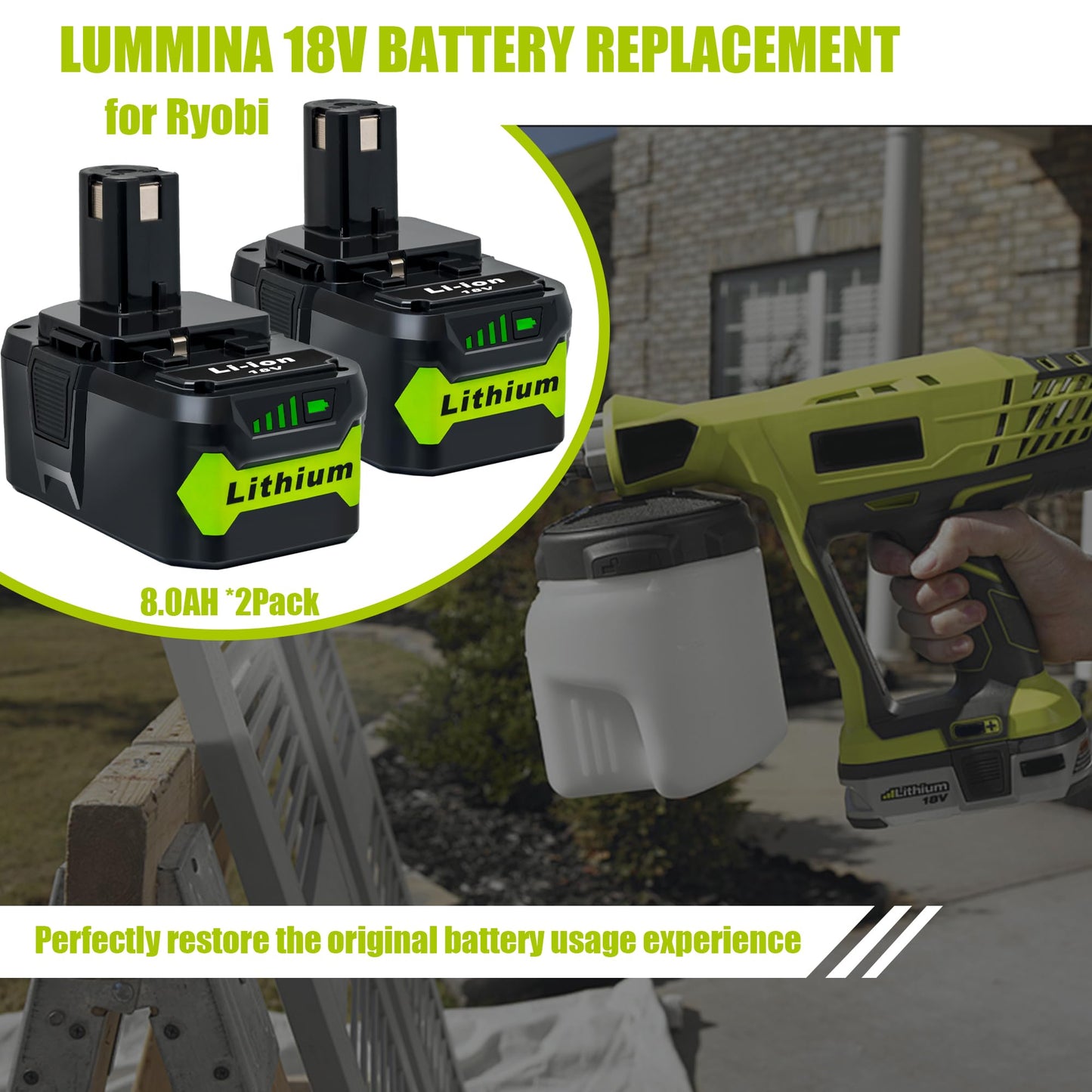 LUMMINA 2Pack 8.0Ah Battery Replacement for Ryobi 18V Lithium Battery Compatible with Ryobi 18 Volt ONE+ Plus P107 P108 P102 P103 P104 P105 P109 P122 Cordless Tools